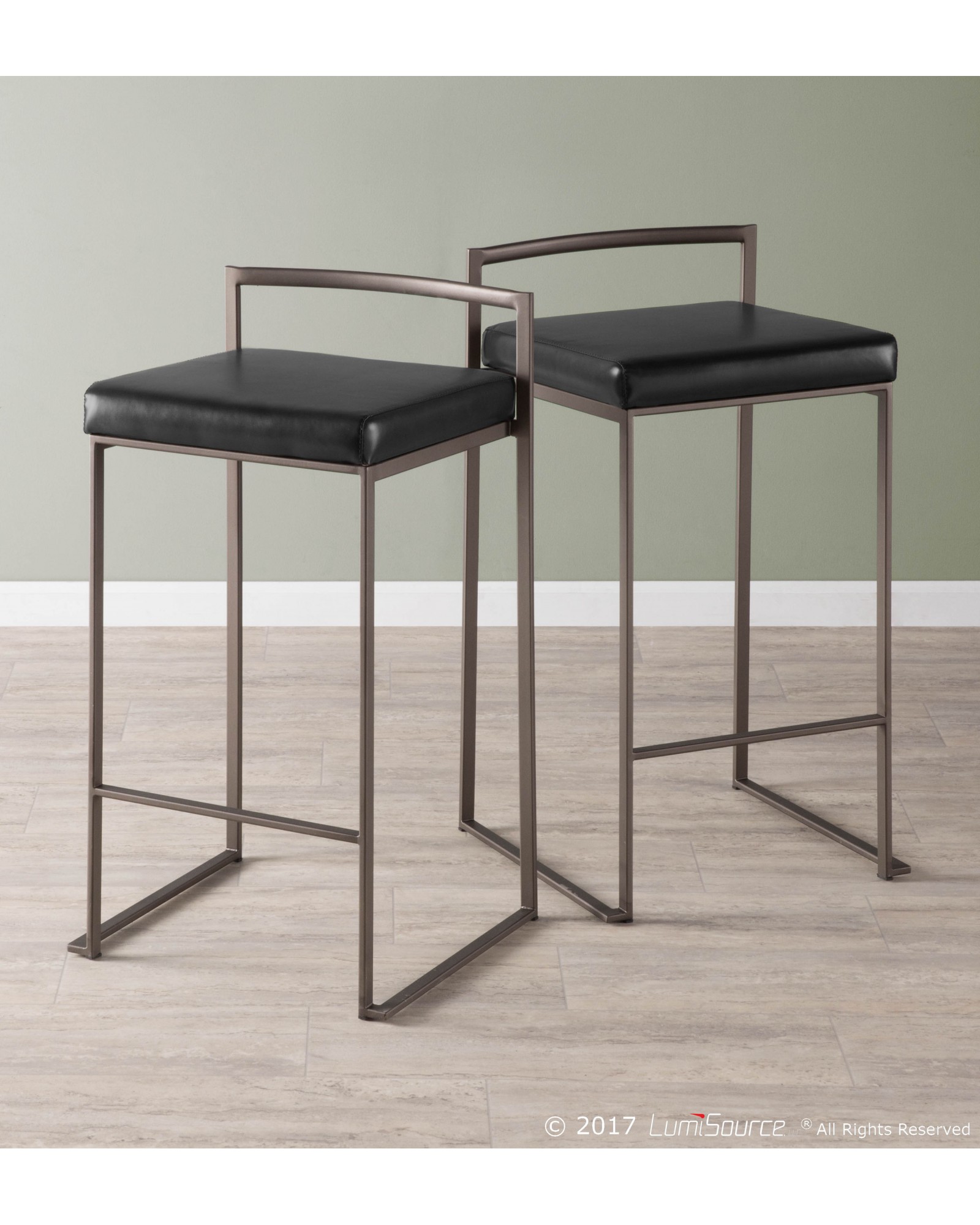 Fuji Industrial Stackable Counter Stool in Antique with Black Faux Leather Cushion - Set of 2