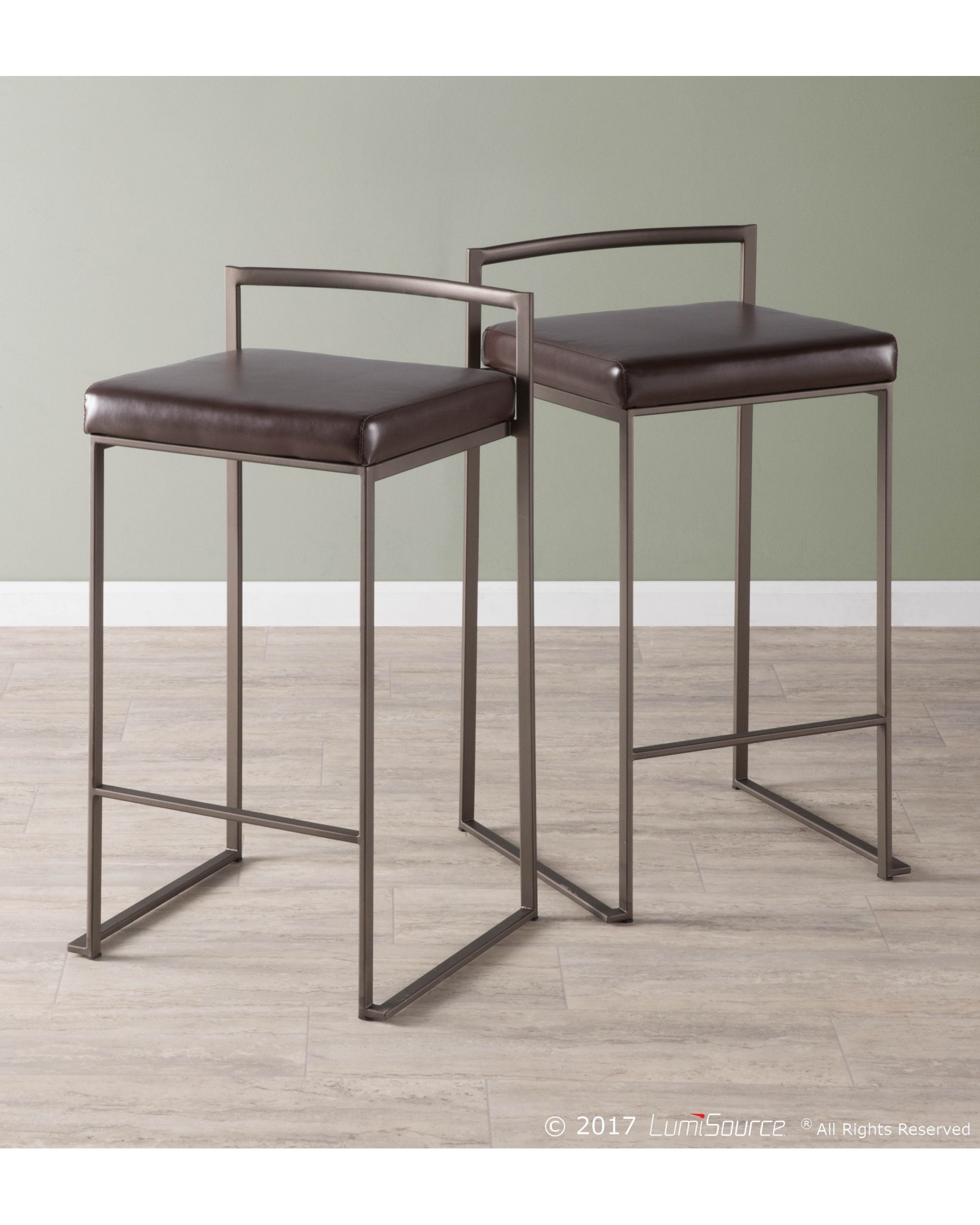 Fuji Industrial Stackable Counter Stool in Antique with Brown Faux Leather Cushion - Set of 2
