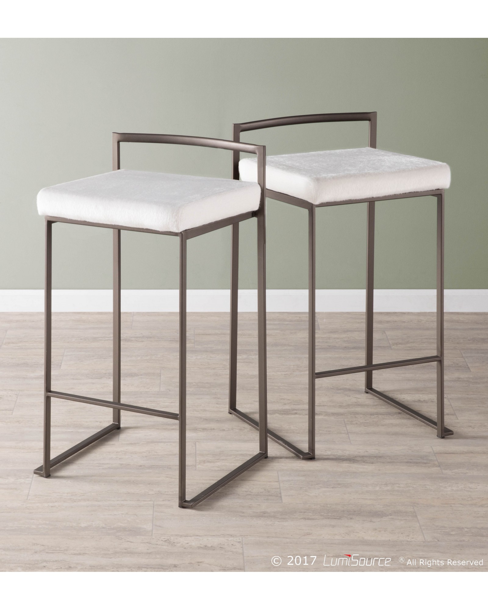 Fuji Industrial Stackable Counter Stool in Antique with White Mohair Cushion - Set of 2