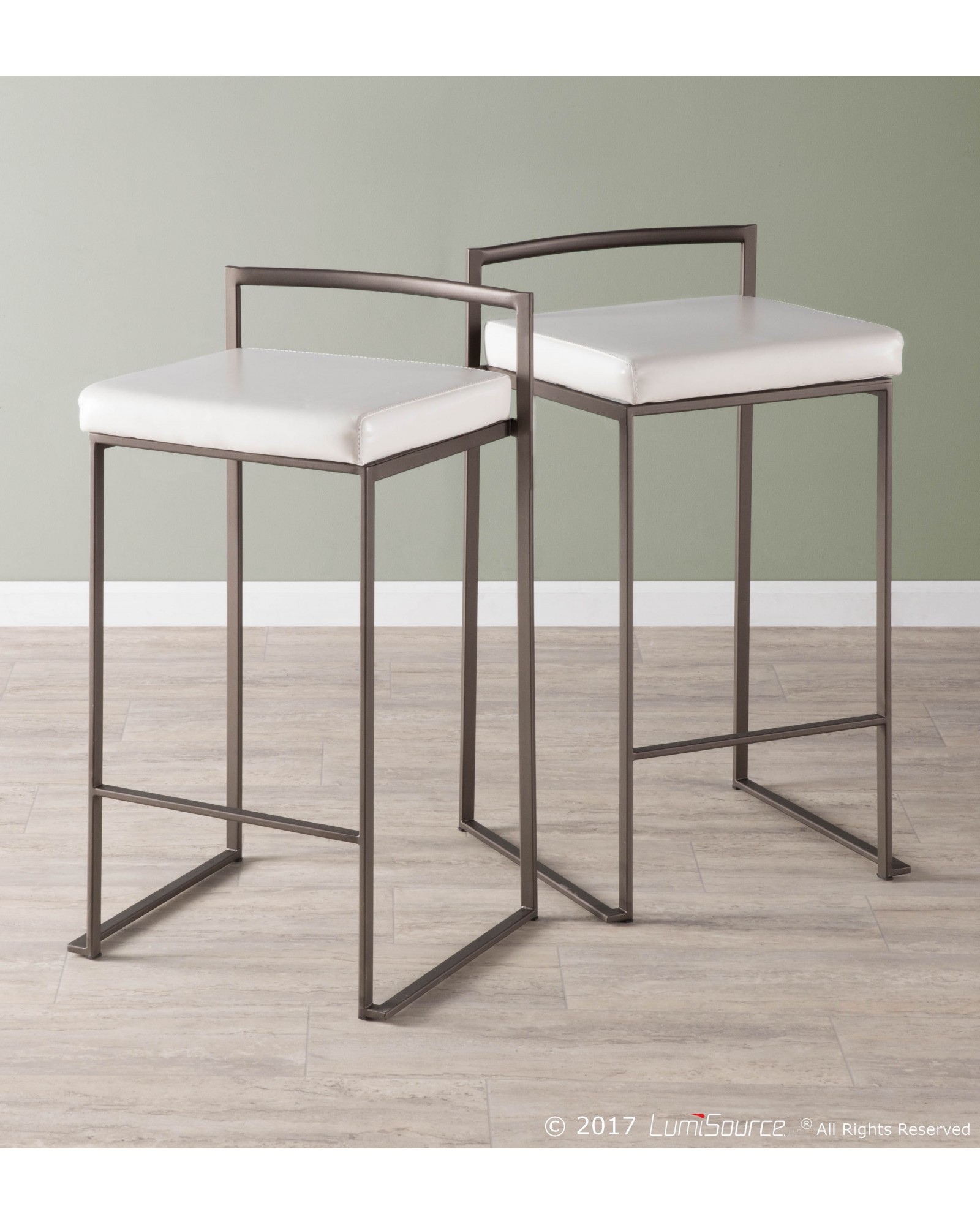 Fuji Industrial Stackable Counter Stool in Antique with White Faux Leather Cushion - Set of 2