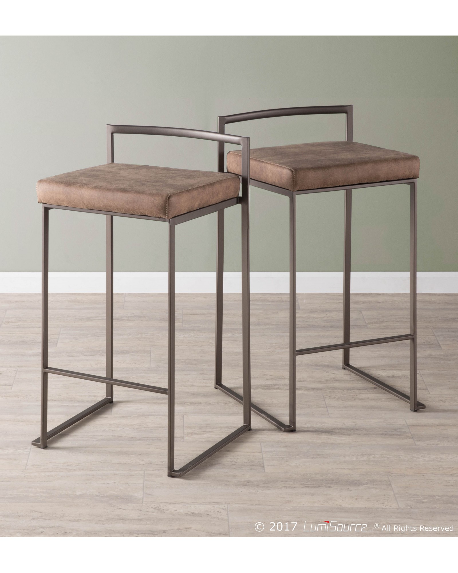Fuji Industrial Stackable Counter Stool in Antique with Brown Cowboy Fabric Cushion - Set of 2
