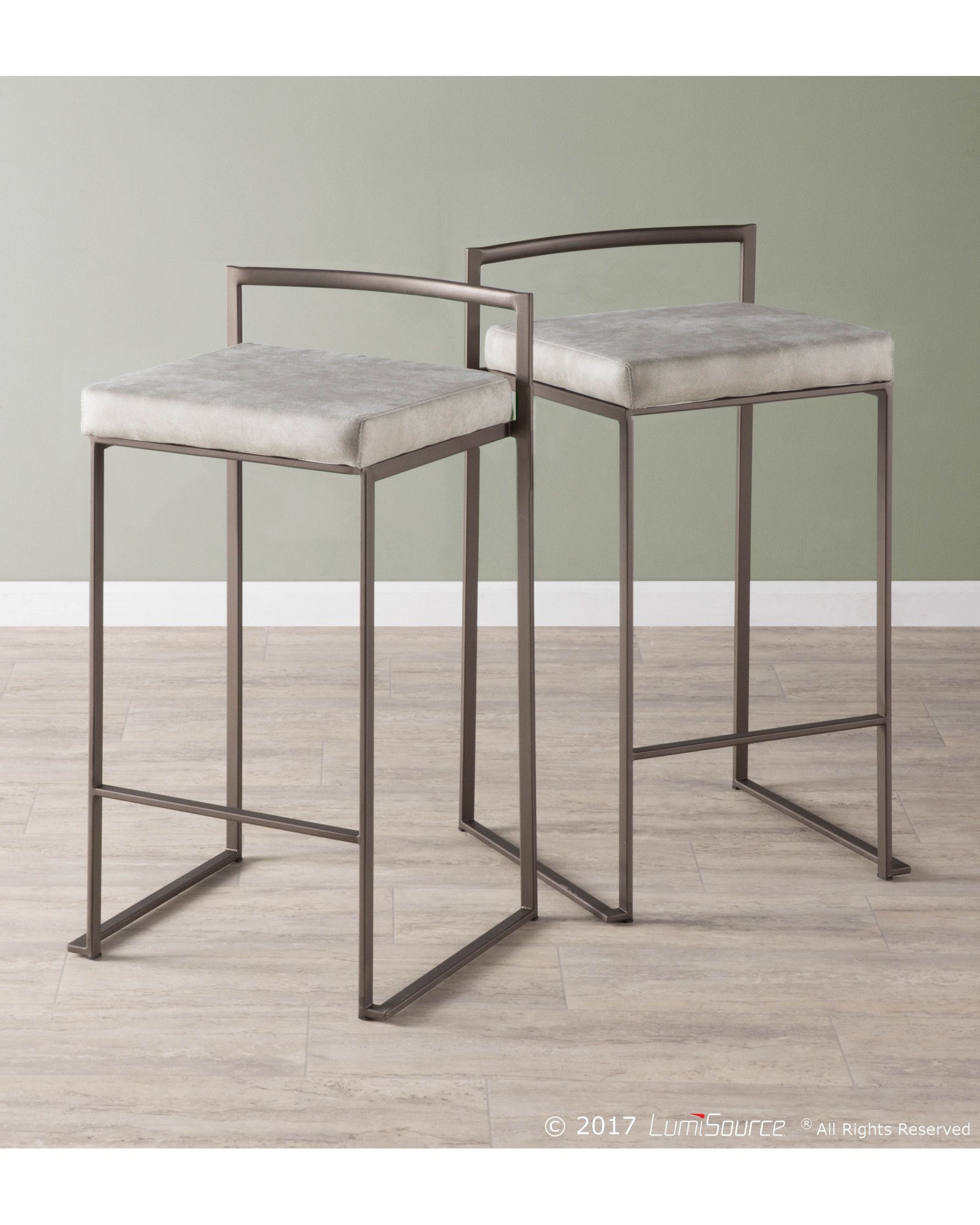 Fuji Industrial Stackable Counter Stool in Antique with Light Grey Cowboy Fabric Cushion - Set of 2