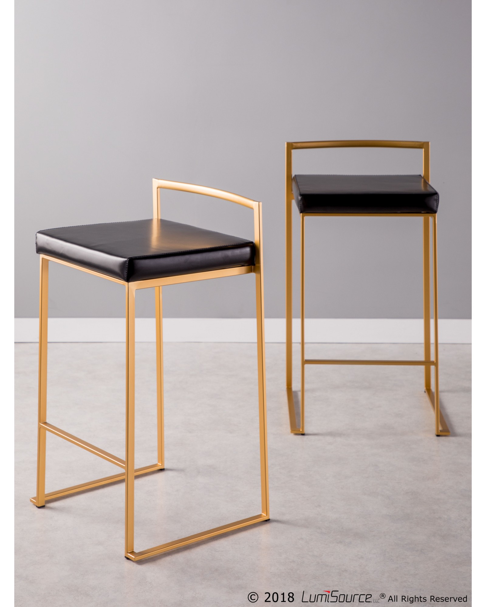 Fuji Contemporary-Glam Counter Stool in Gold with Black Faux Leather - Set of 2