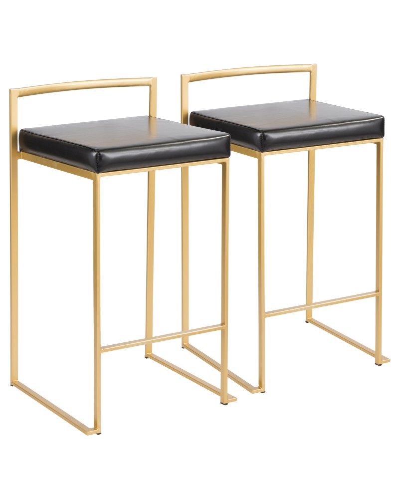 Fuji Contemporary-Glam Counter Stool in Gold with Black Faux Leather - Set of 2