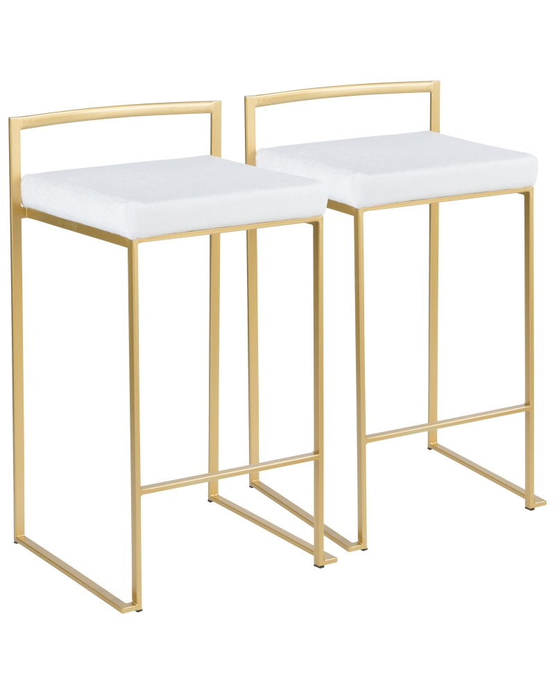 Fuji Contemporary-Glam Stackable Counter Stool in Gold with White Mohair Cushion - Set of 2