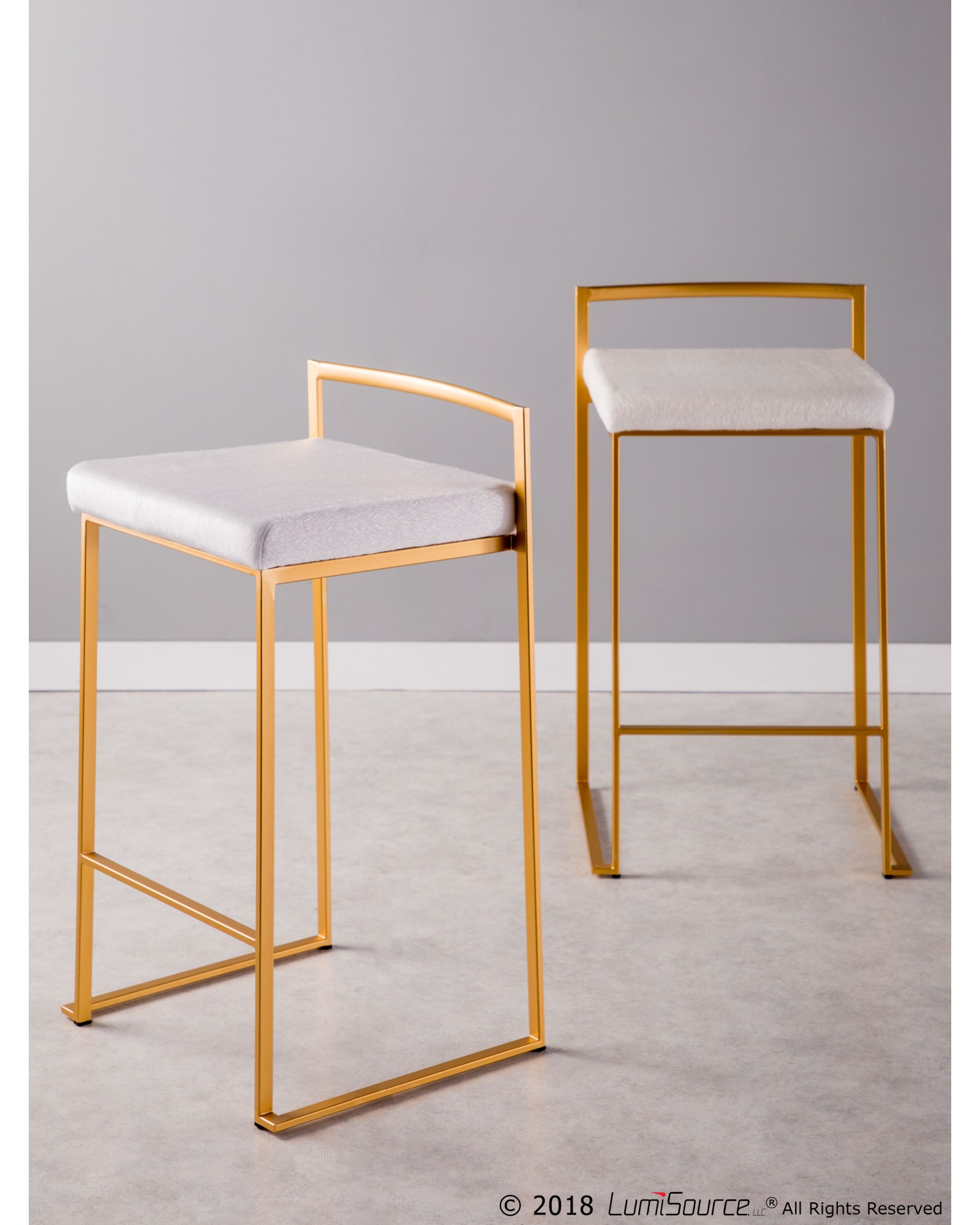 Fuji Contemporary-Glam Stackable Counter Stool in Gold with White Mohair Cushion - Set of 2