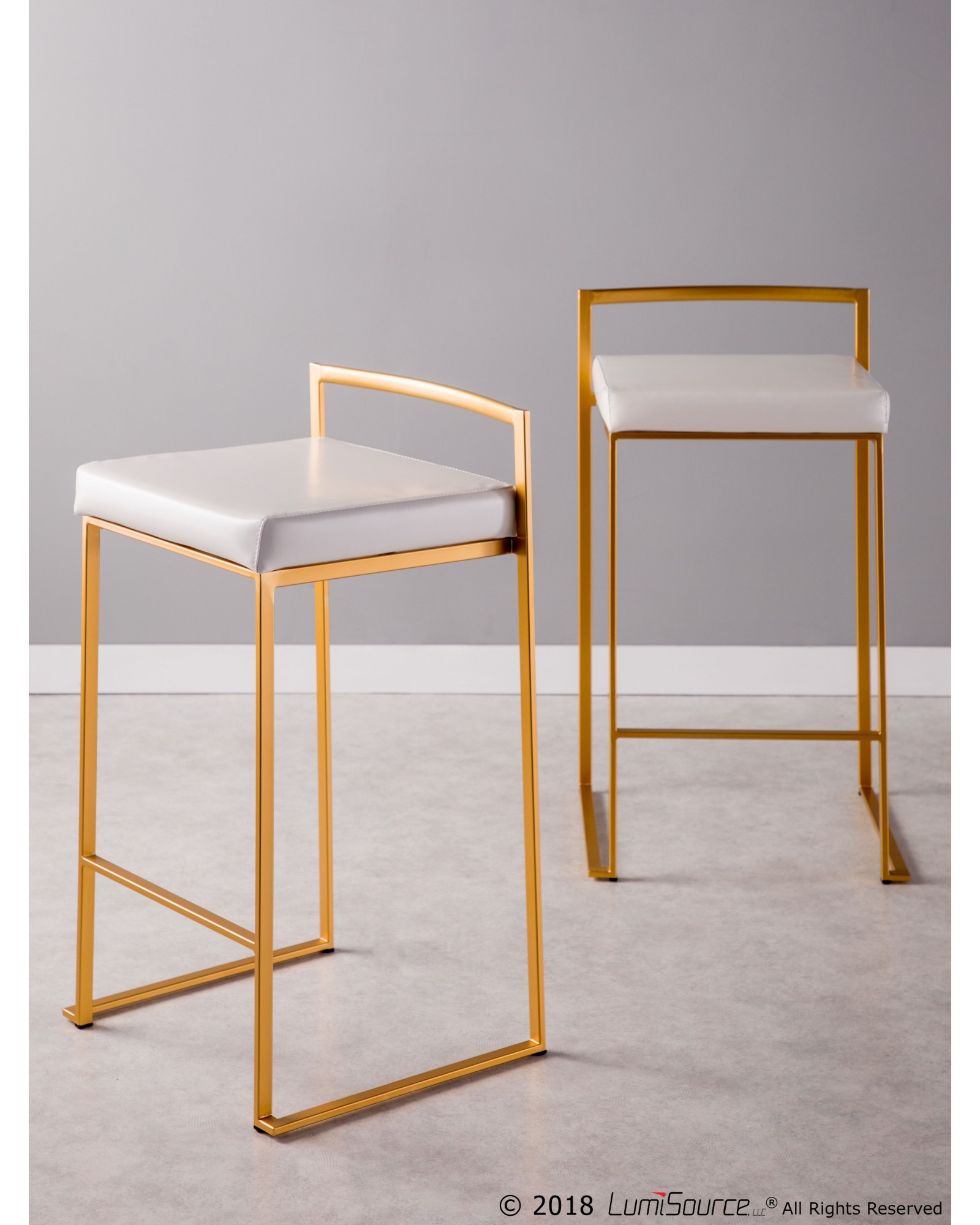 Fuji Contemporary-Glam Counter Stool in Gold with White Faux Leather - Set of 2