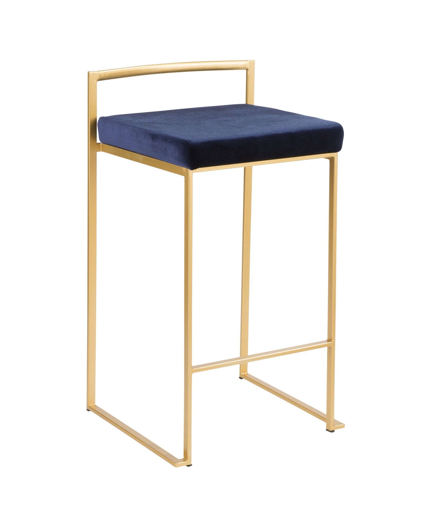 Fuji Contemporary-Glam Stackable Counter Stool in Gold with Blue Velvet Cushion - Set of 2