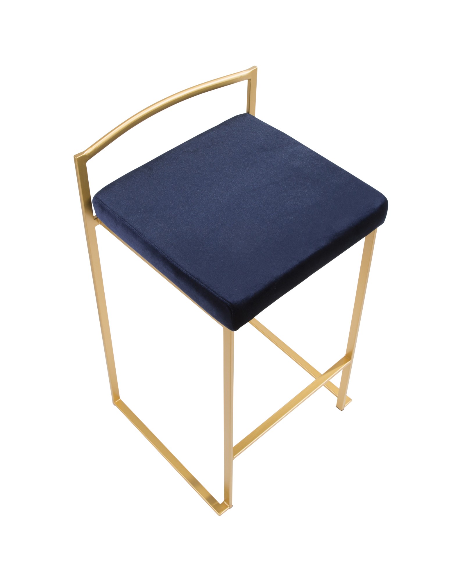 Fuji Contemporary-Glam Stackable Counter Stool in Gold with Blue Velvet Cushion - Set of 2