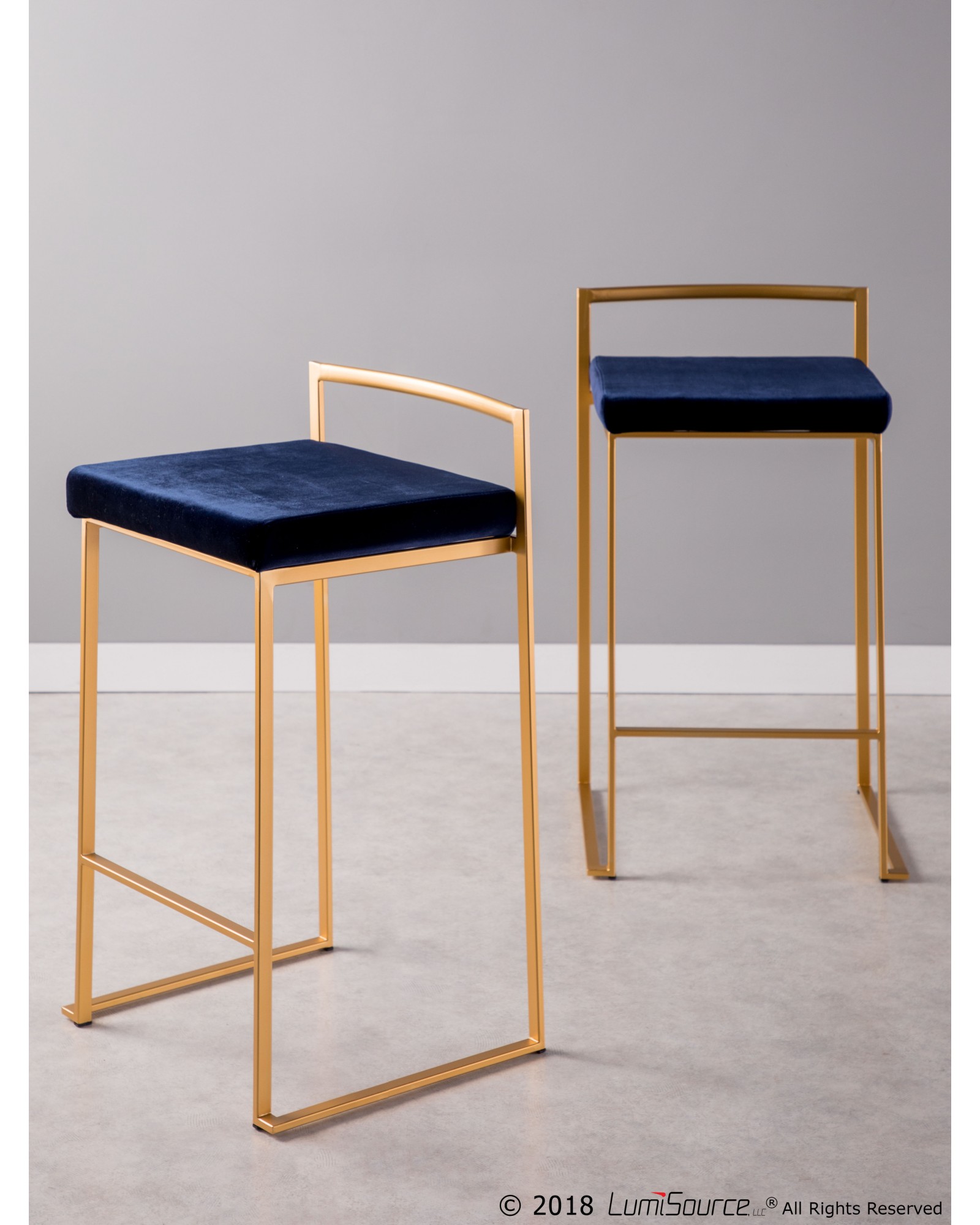 Fuji Contemporary-Glam Stackable Counter Stool in Gold with Blue Velvet Cushion - Set of 2