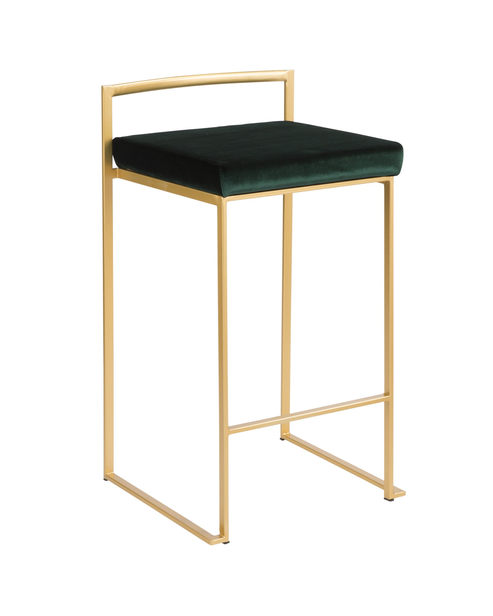 Fuji Contemporary-Glam Stackable Counter Stool in Gold with Green Velvet Cushion - Set of 2