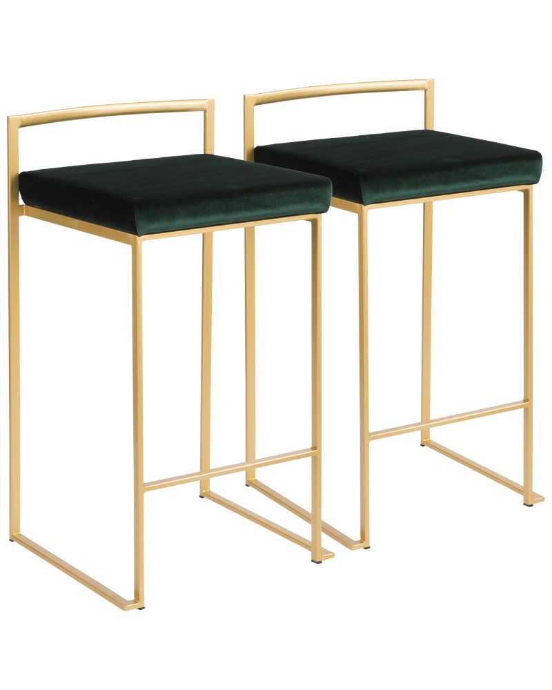 Fuji Contemporary-Glam Stackable Counter Stool in Gold with Green Velvet Cushion - Set of 2