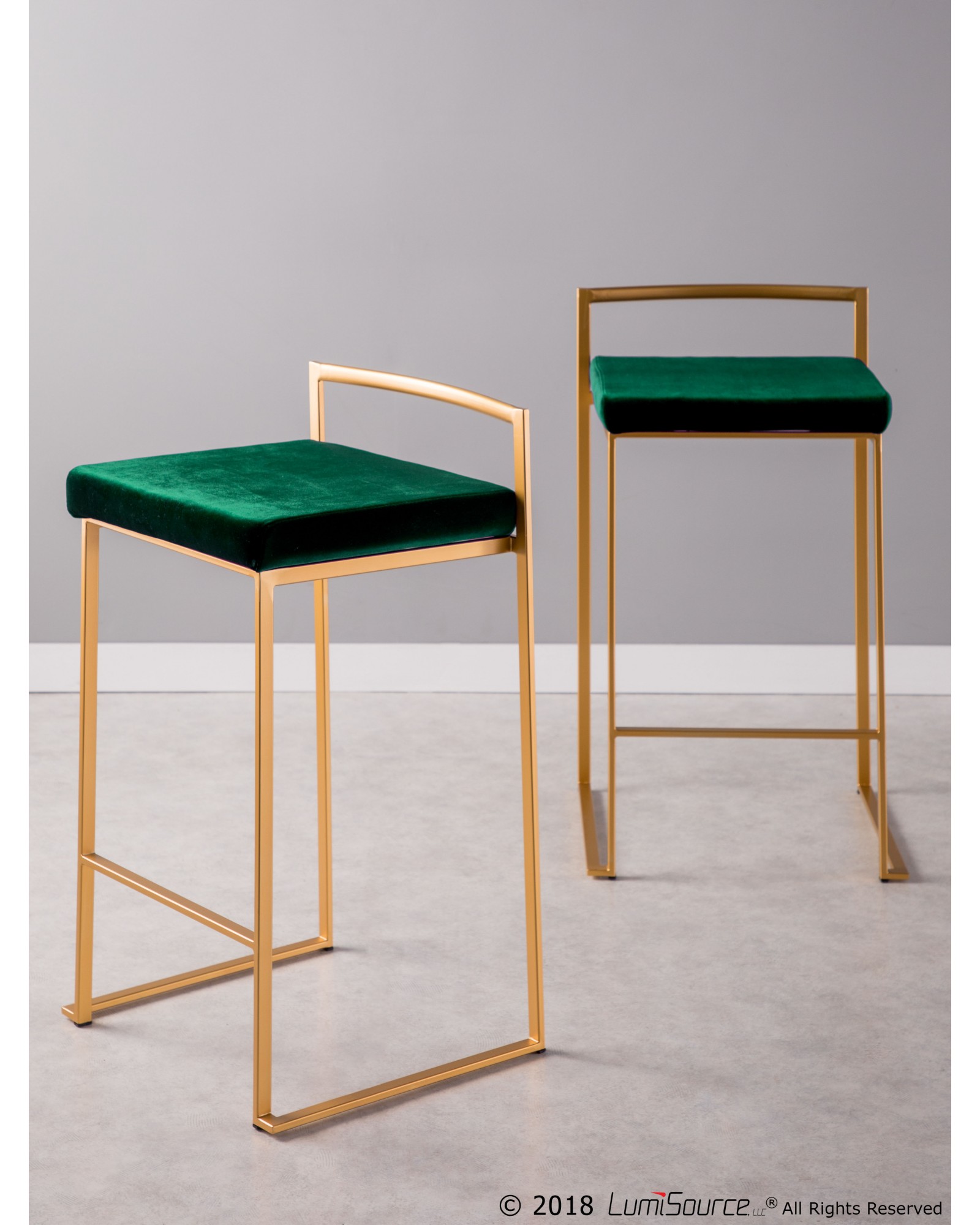 Fuji Contemporary-Glam Stackable Counter Stool in Gold with Green Velvet Cushion - Set of 2