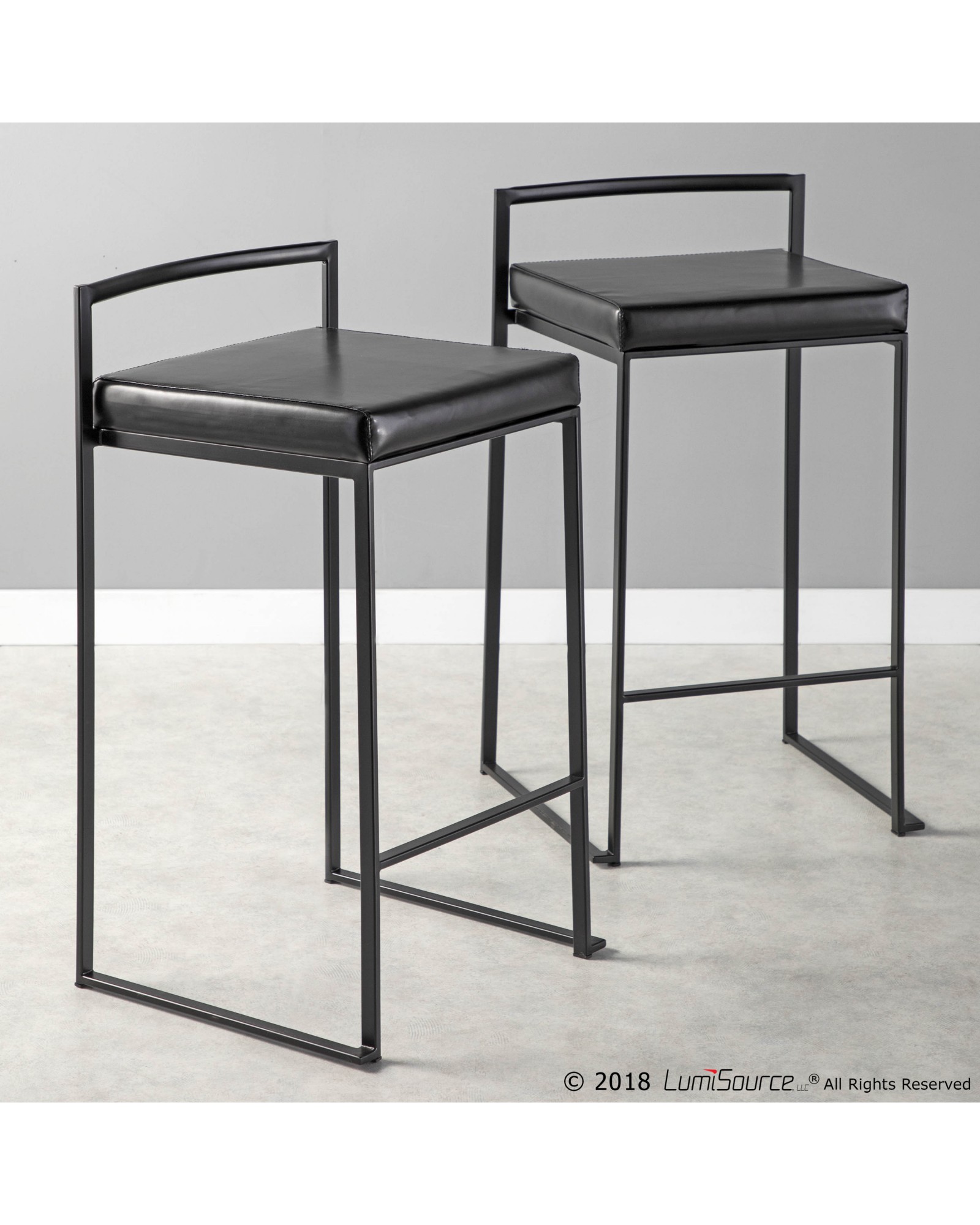 Fuji Contemporary Stackable Counter Stool in Black with Black Faux Leather Cushion - Set of 2