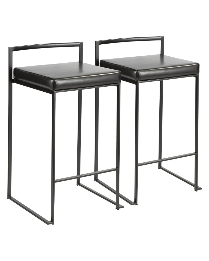 Fuji Contemporary Stackable Counter Stool in Black with Black Faux Leather Cushion - Set of 2