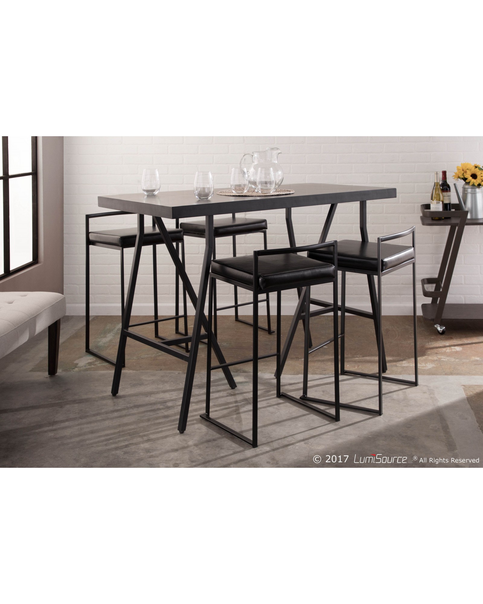 Fuji Contemporary Stackable Counter Stool in Black with Black Faux Leather Cushion - Set of 2