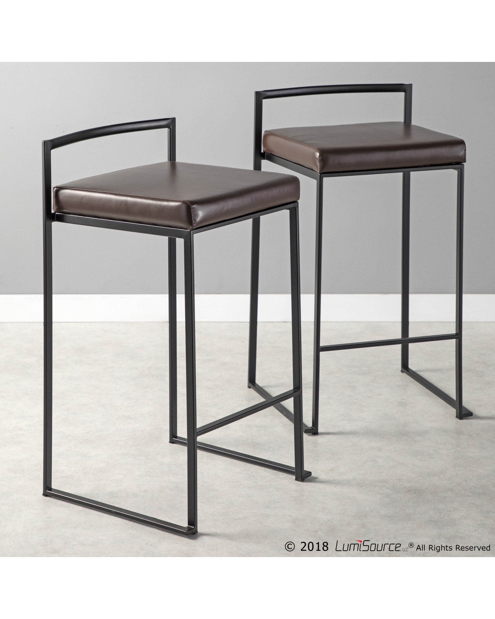 Fuji Contemporary Stackable Counter Stool in Black with Brown Faux Leather Cushion - Set of 2