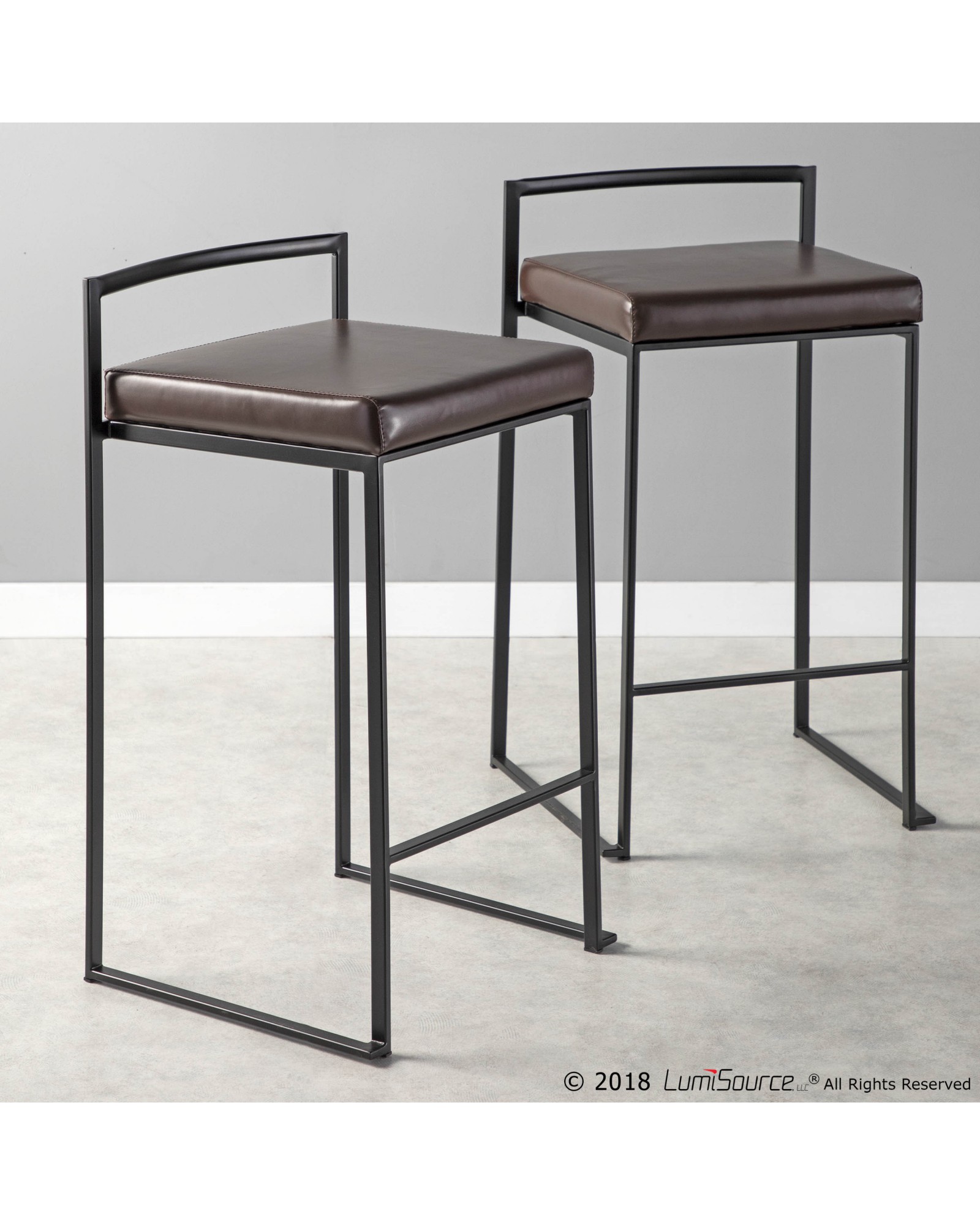 Fuji Contemporary Stackable Counter Stool in Black with Brown Faux Leather Cushion - Set of 2