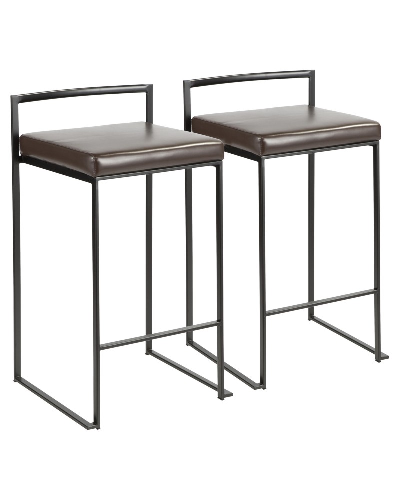 Fuji Contemporary Stackable Counter Stool in Black with Brown Faux Leather Cushion - Set of 2
