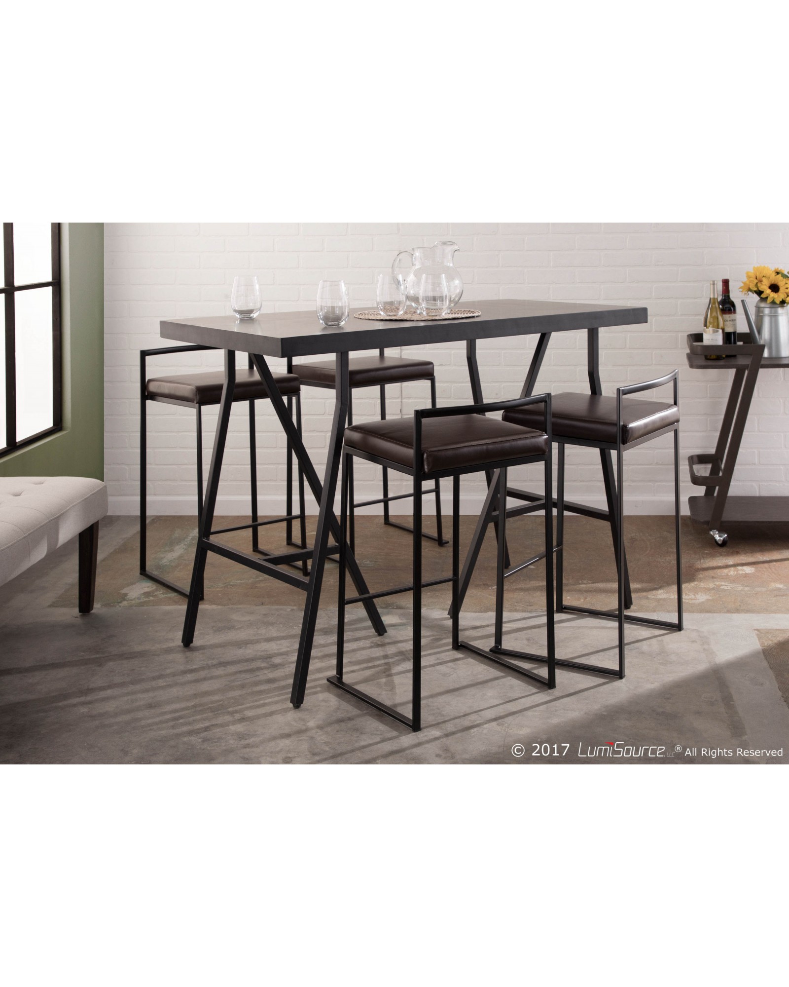 Fuji Contemporary Stackable Counter Stool in Black with Brown Faux Leather Cushion - Set of 2