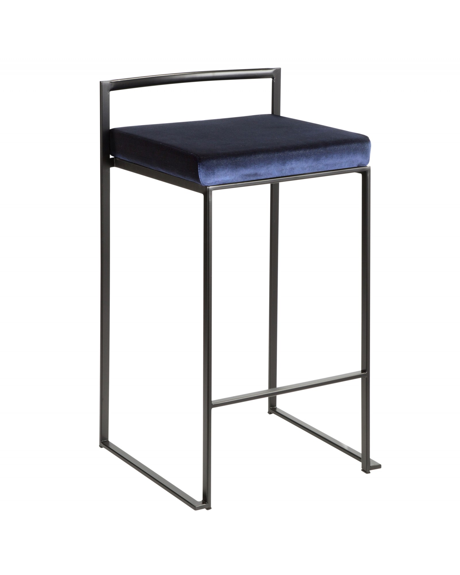 Fuji Contemporary Stackable Counter Stool in Black with Blue Velvet Cushion - Set of 2