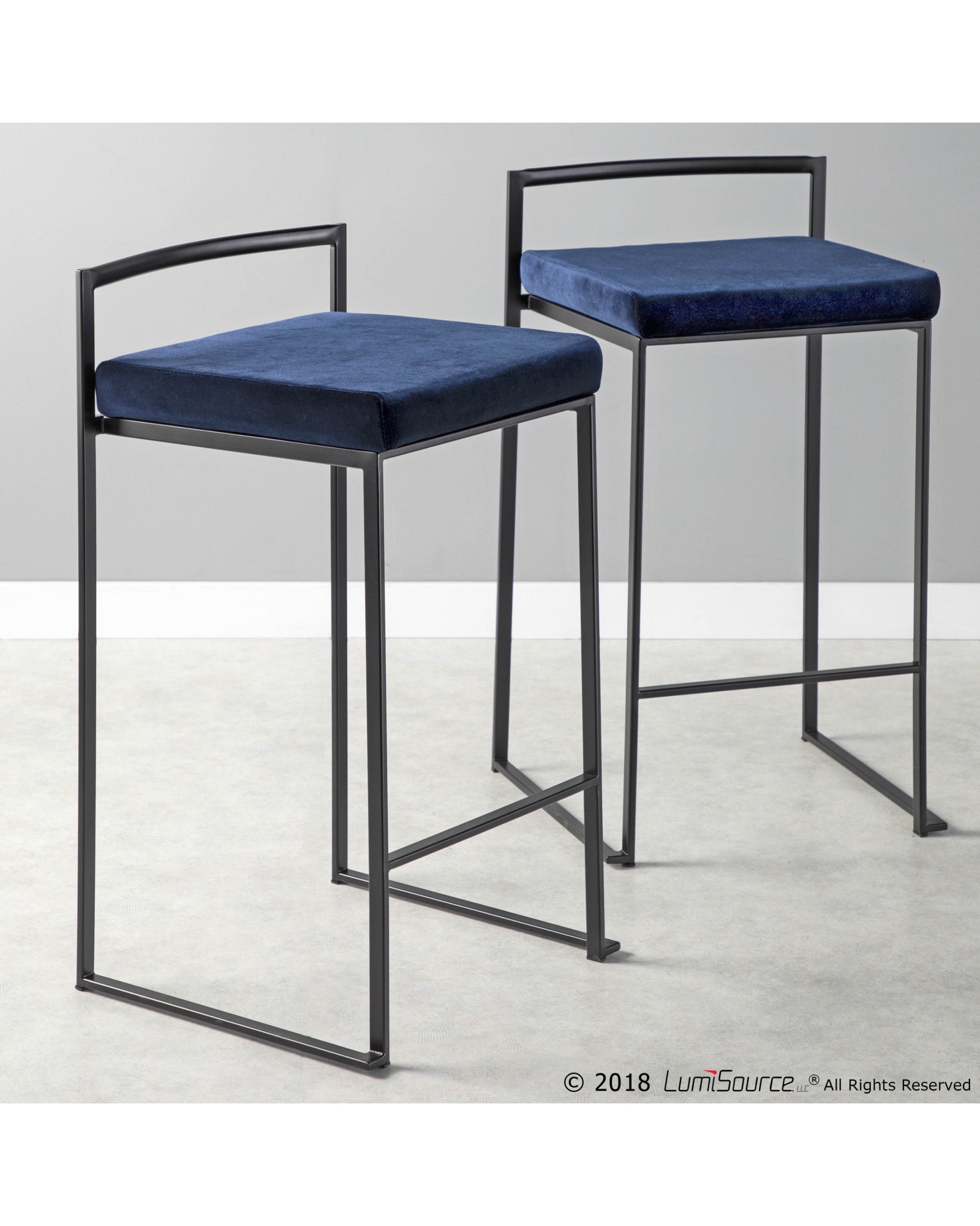 Fuji Contemporary Stackable Counter Stool in Black with Blue Velvet Cushion - Set of 2