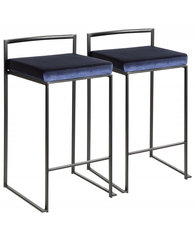 Fuji Contemporary Stackable Counter Stool in Black with Blue Velvet Cushion - Set of 2