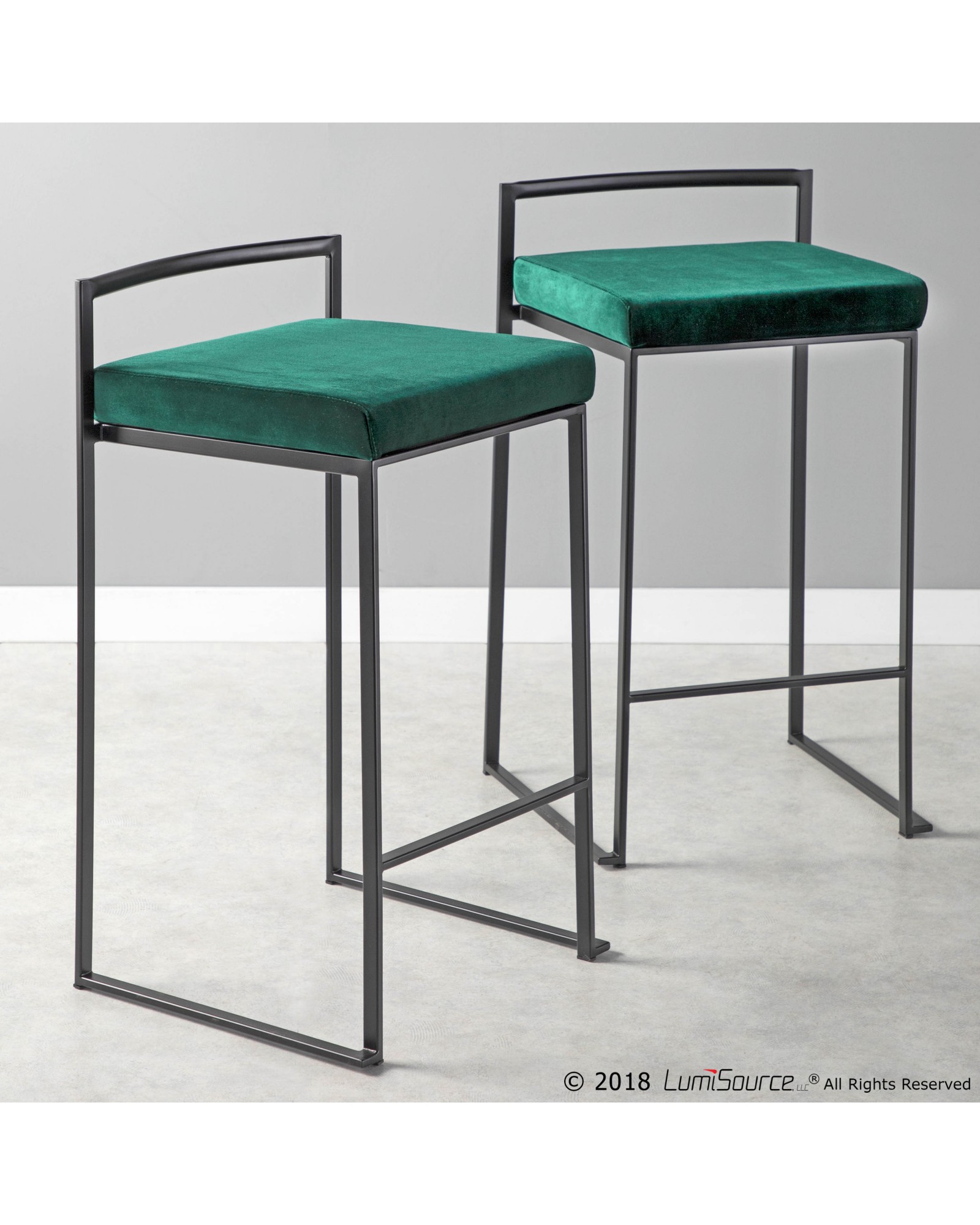 Fuji Contemporary Stackable Counter Stool in Black with Green Velvet Cushion - Set of 2