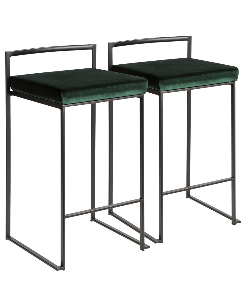 Fuji Contemporary Stackable Counter Stool in Black with Green Velvet Cushion - Set of 2