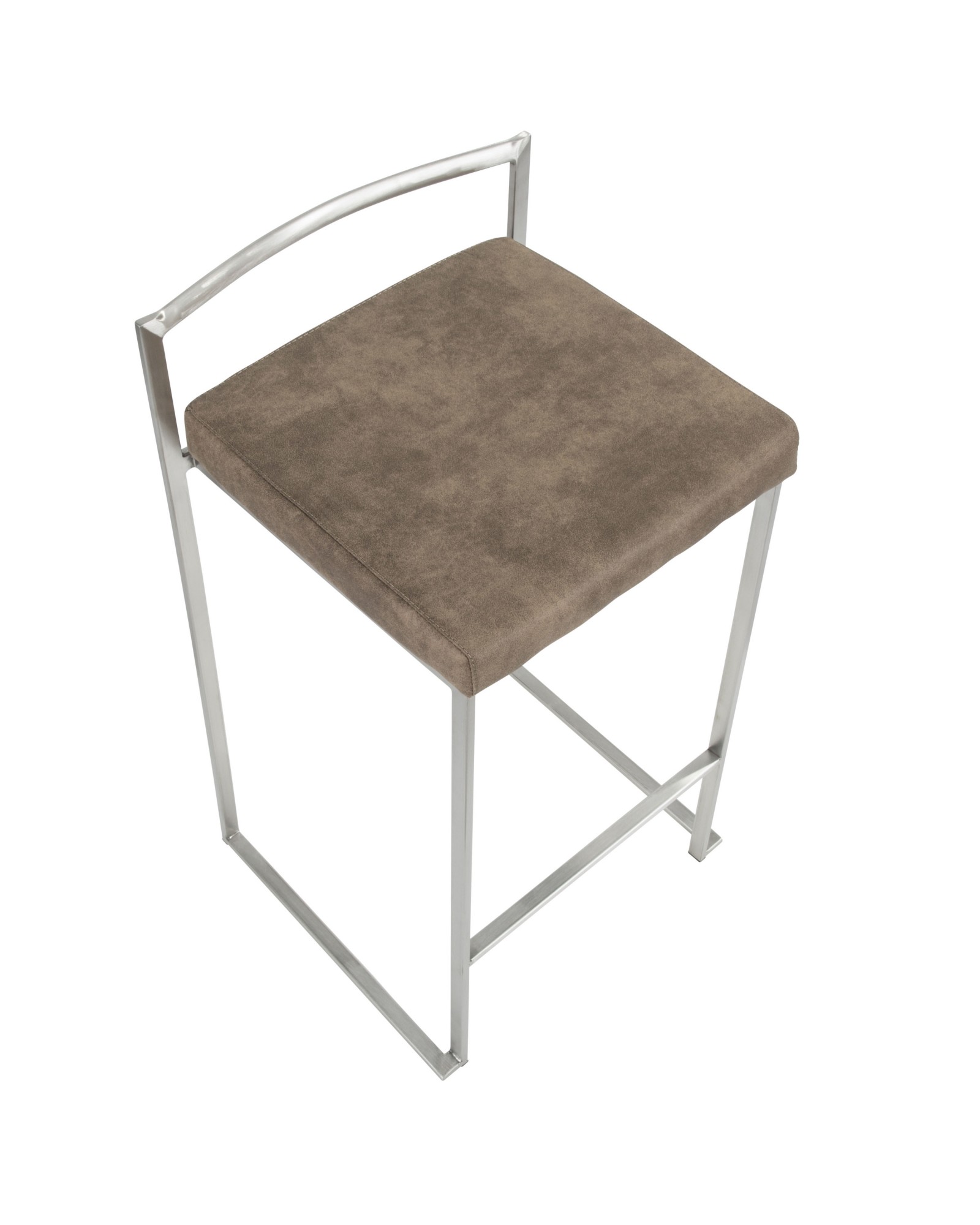 Fuji Contemporary Stackable Counter Stool in Stainless Steel with Brown Cowboy Fabric Cushion - Set of 2