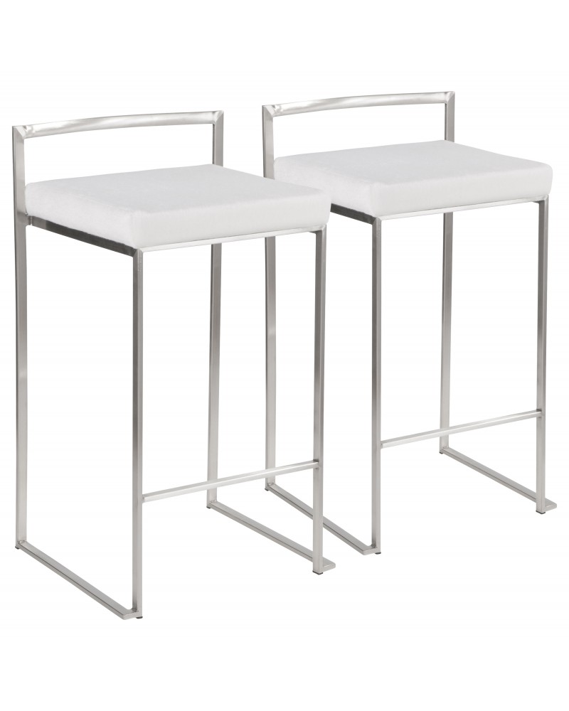 Fuji Contemporary Stackable Counter Stool in Stainless Steel with White Mohair Cushion - Set of 2