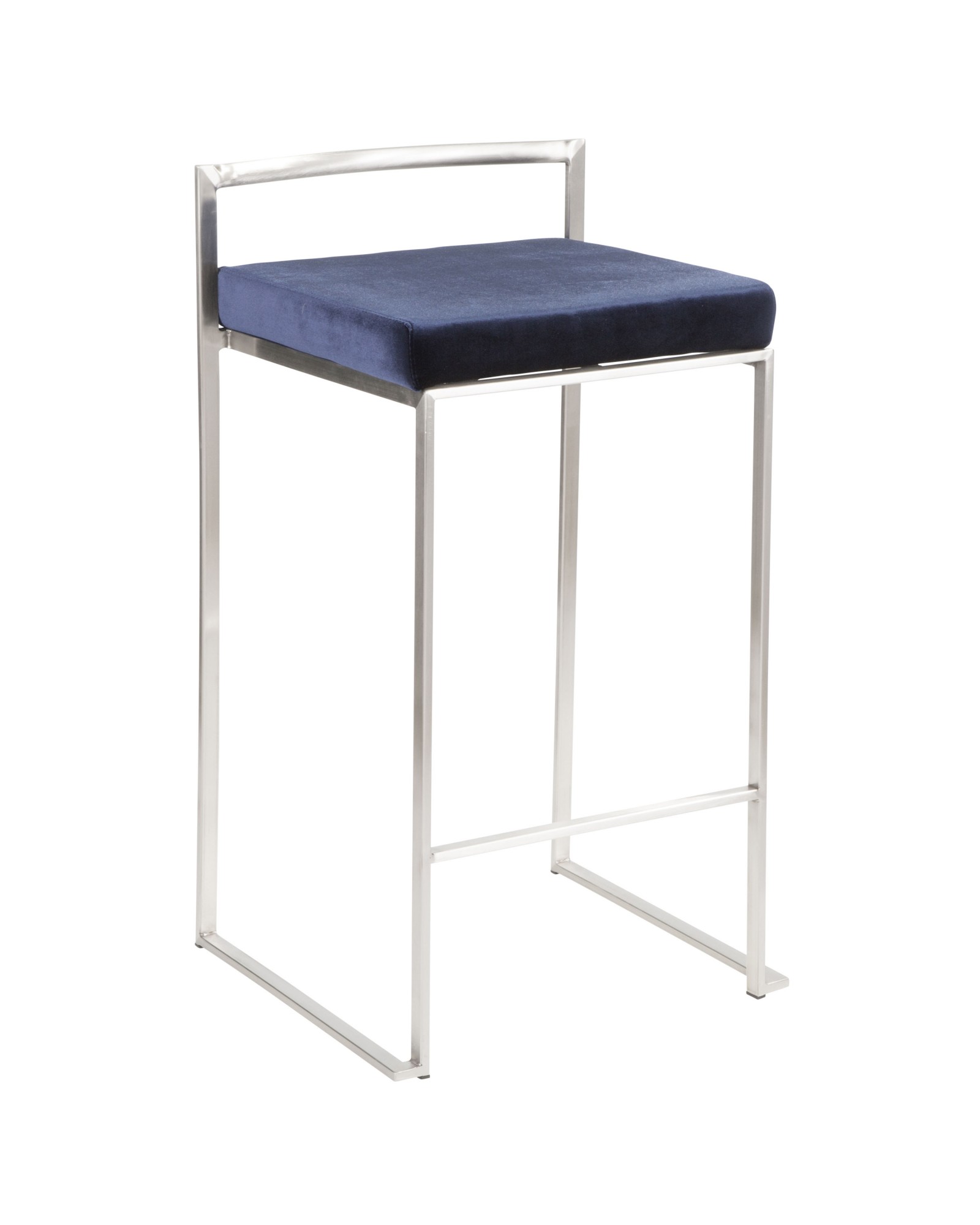 Fuji Contemporary Stackable Counter Stool in Stainless Steel with Blue Velvet Cushion - Set of 2