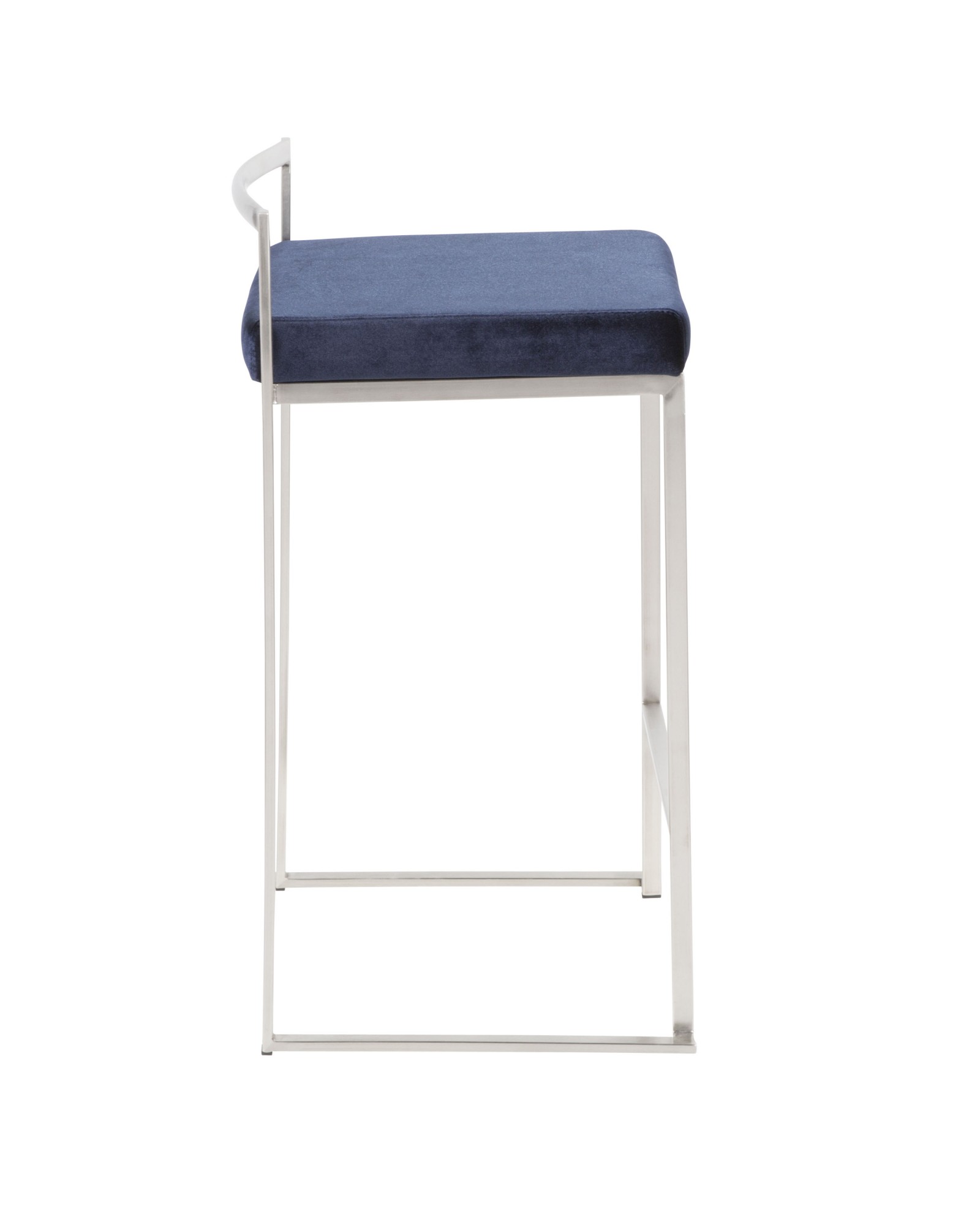 Fuji Contemporary Stackable Counter Stool in Stainless Steel with Blue Velvet Cushion - Set of 2