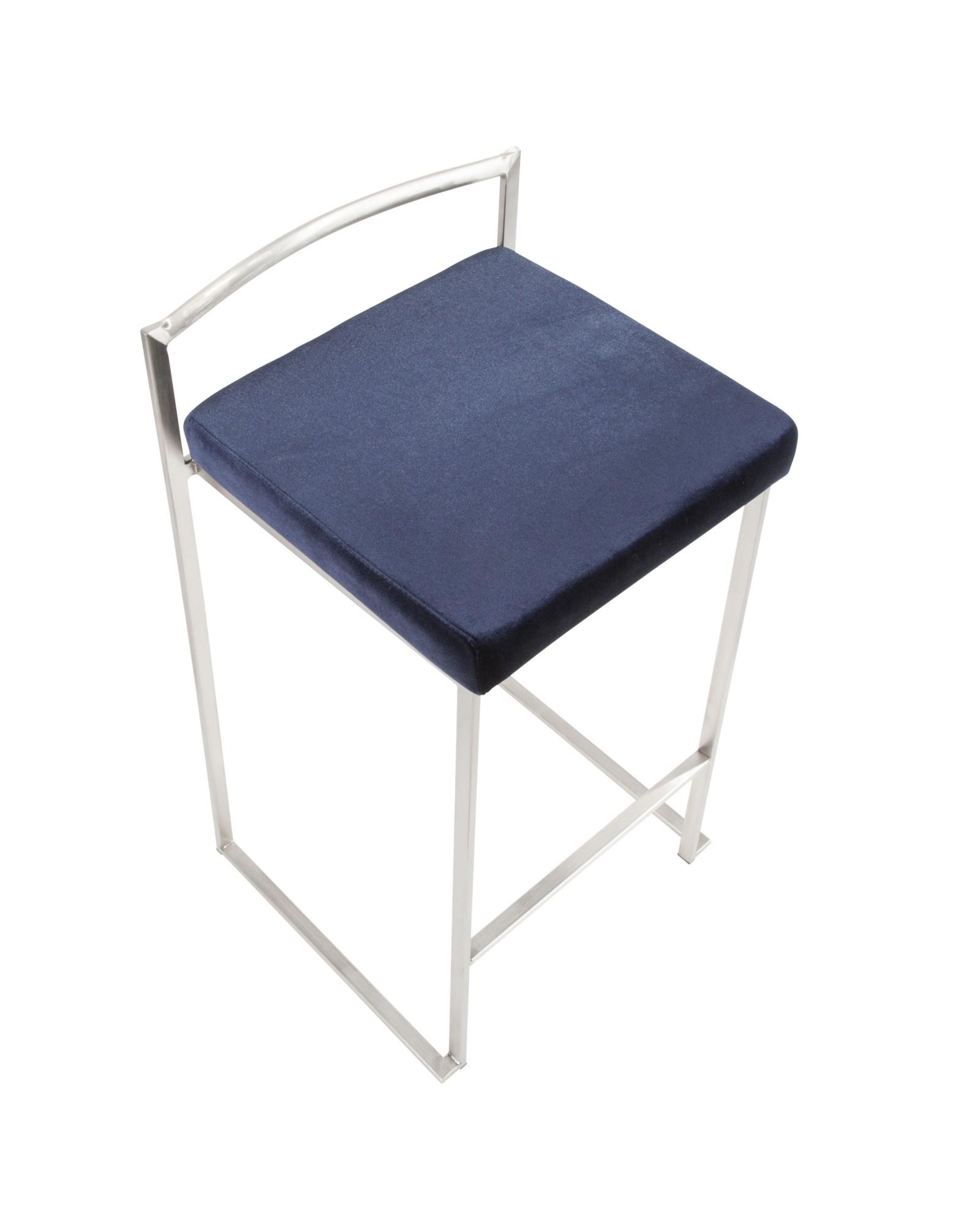 Fuji Contemporary Stackable Counter Stool in Stainless Steel with Blue Velvet Cushion - Set of 2