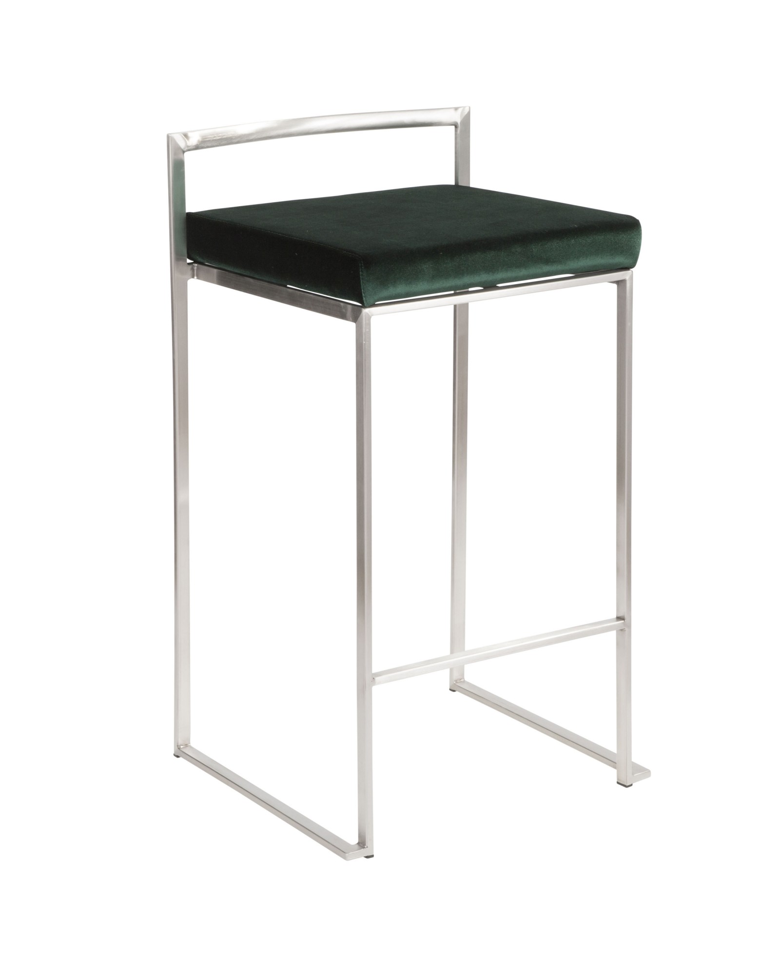 Fuji Contemporary Stackable Counter Stool in Stainless Steel with Green Velvet Cushion - Set of 2