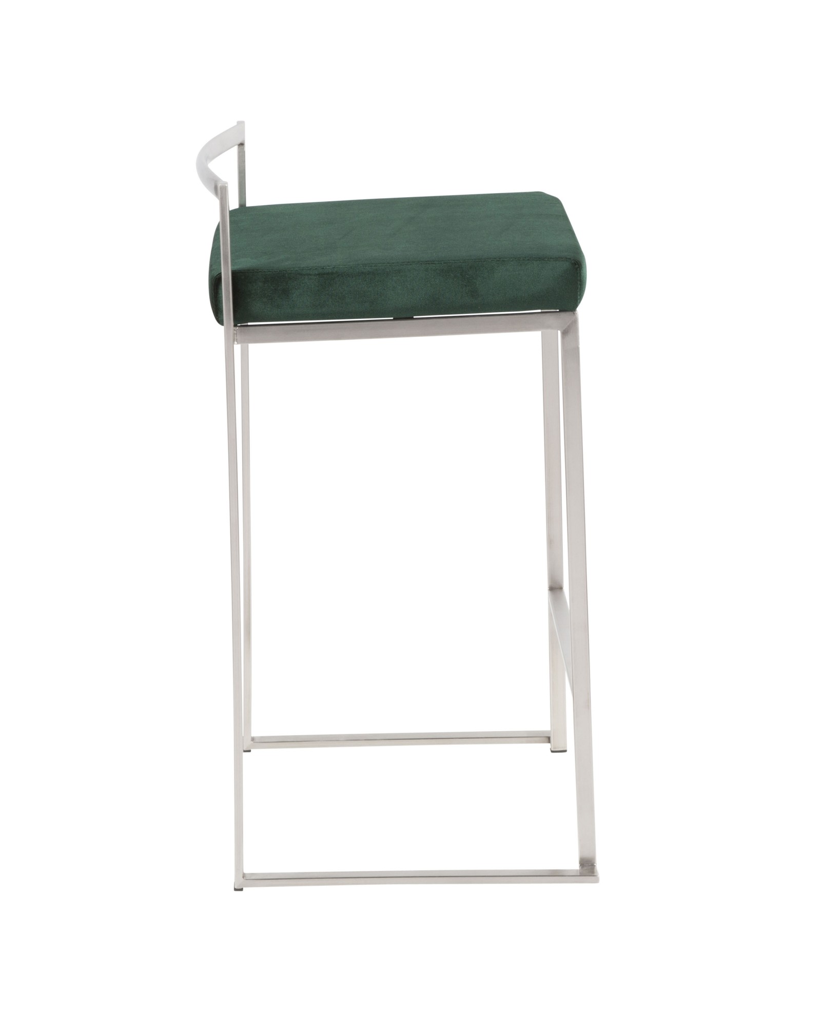 Fuji Contemporary Stackable Counter Stool in Stainless Steel with Green Velvet Cushion - Set of 2