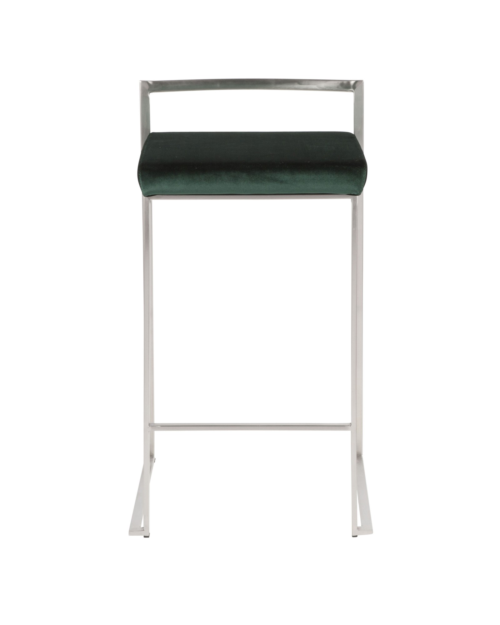 Fuji Contemporary Stackable Counter Stool in Stainless Steel with Green Velvet Cushion - Set of 2