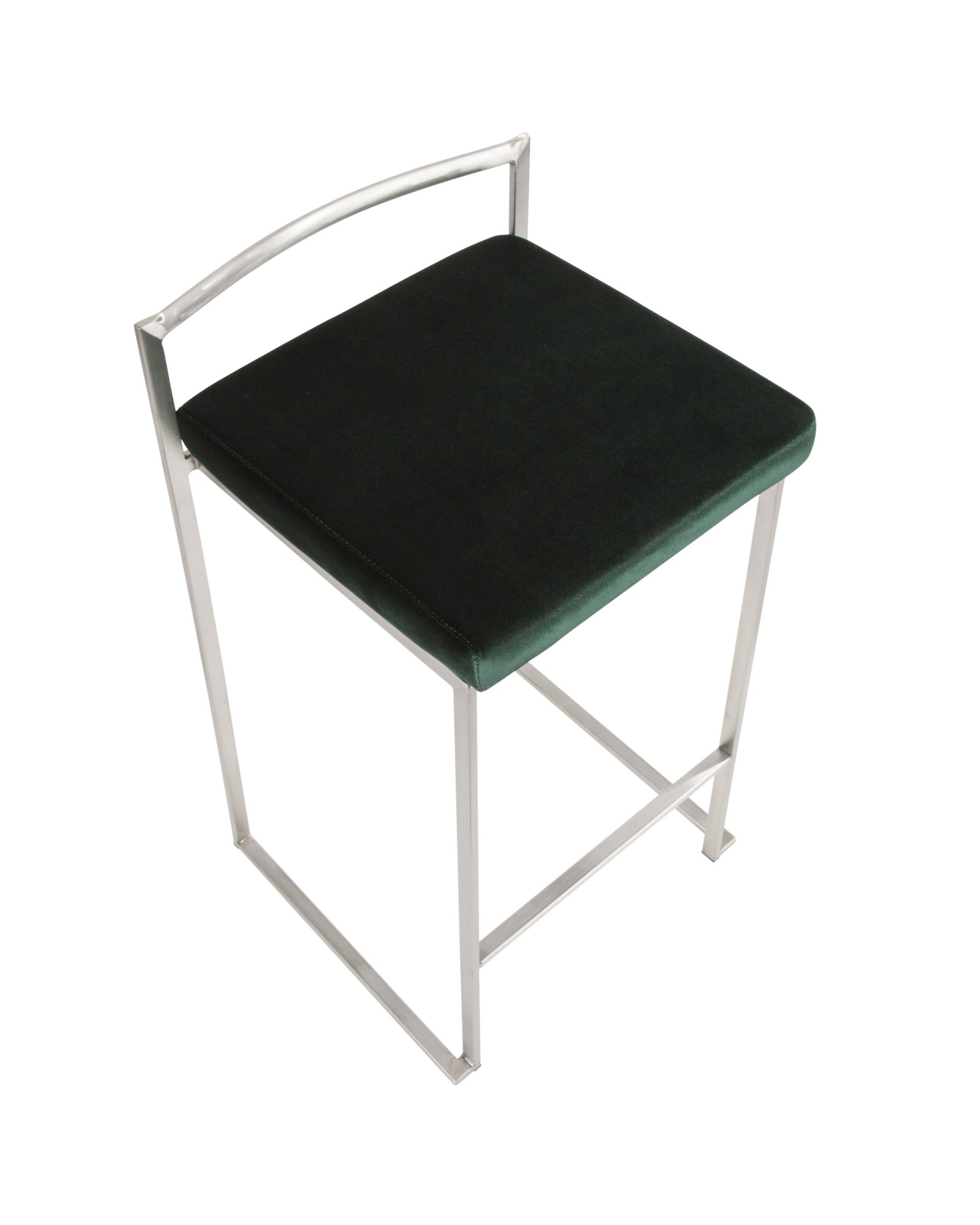 Fuji Contemporary Stackable Counter Stool in Stainless Steel with Green Velvet Cushion - Set of 2