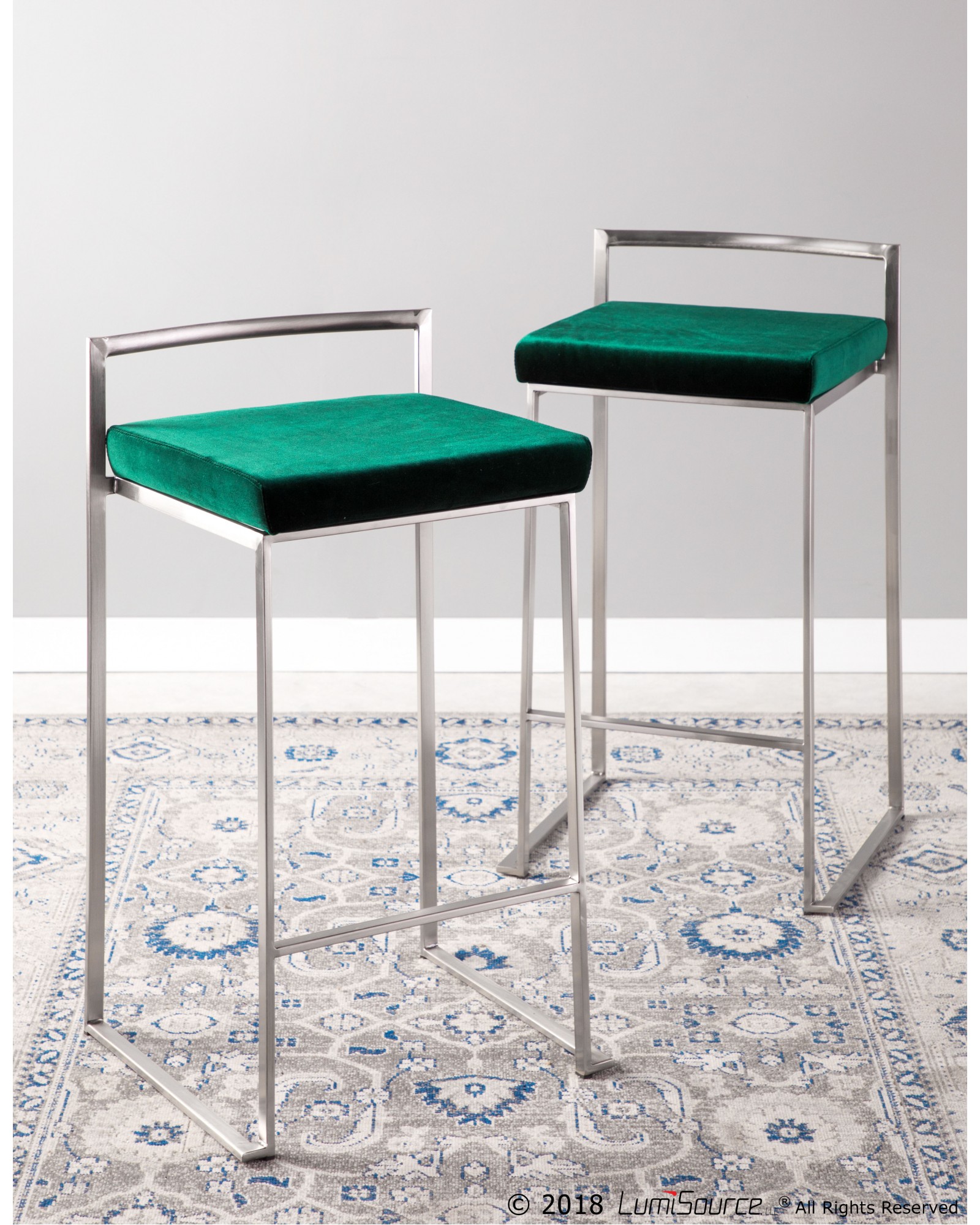 Fuji Contemporary Stackable Counter Stool in Stainless Steel with Green Velvet Cushion - Set of 2