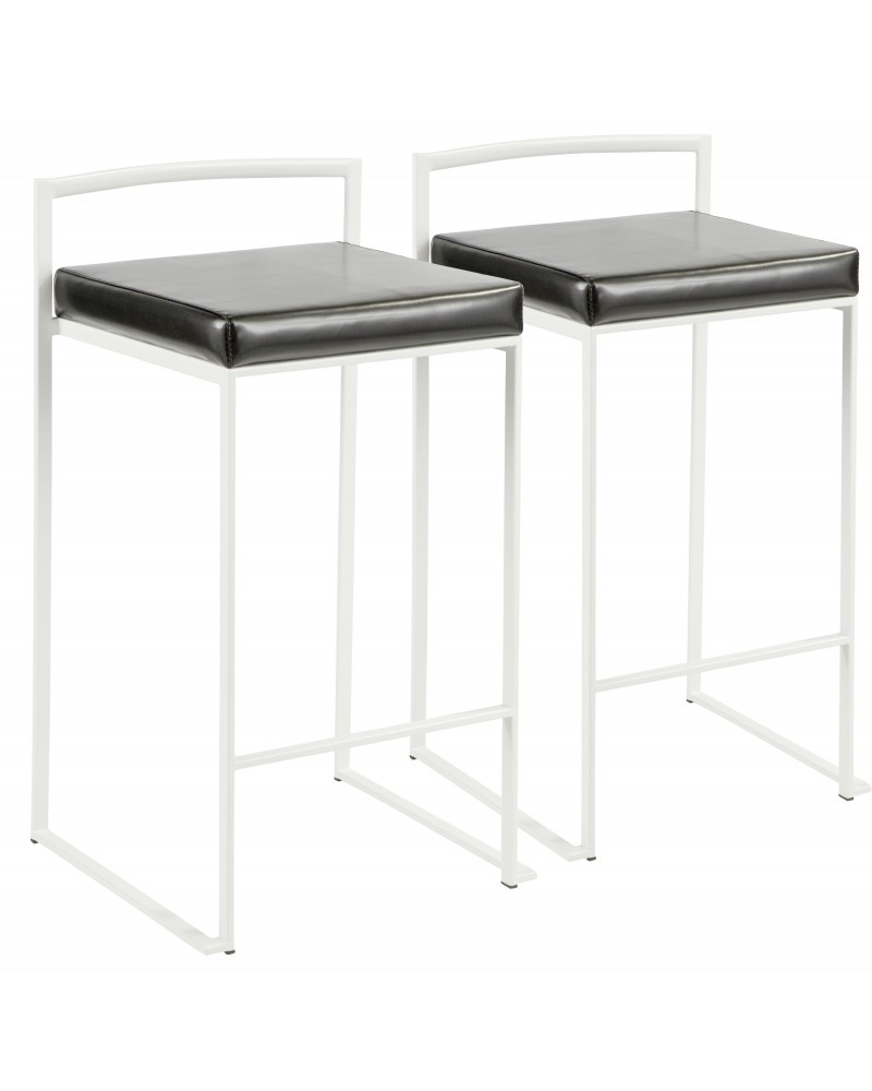 Fuji Contemporary Stackable Counter Stool in White with Black Faux Leather Cushion - Set of 2