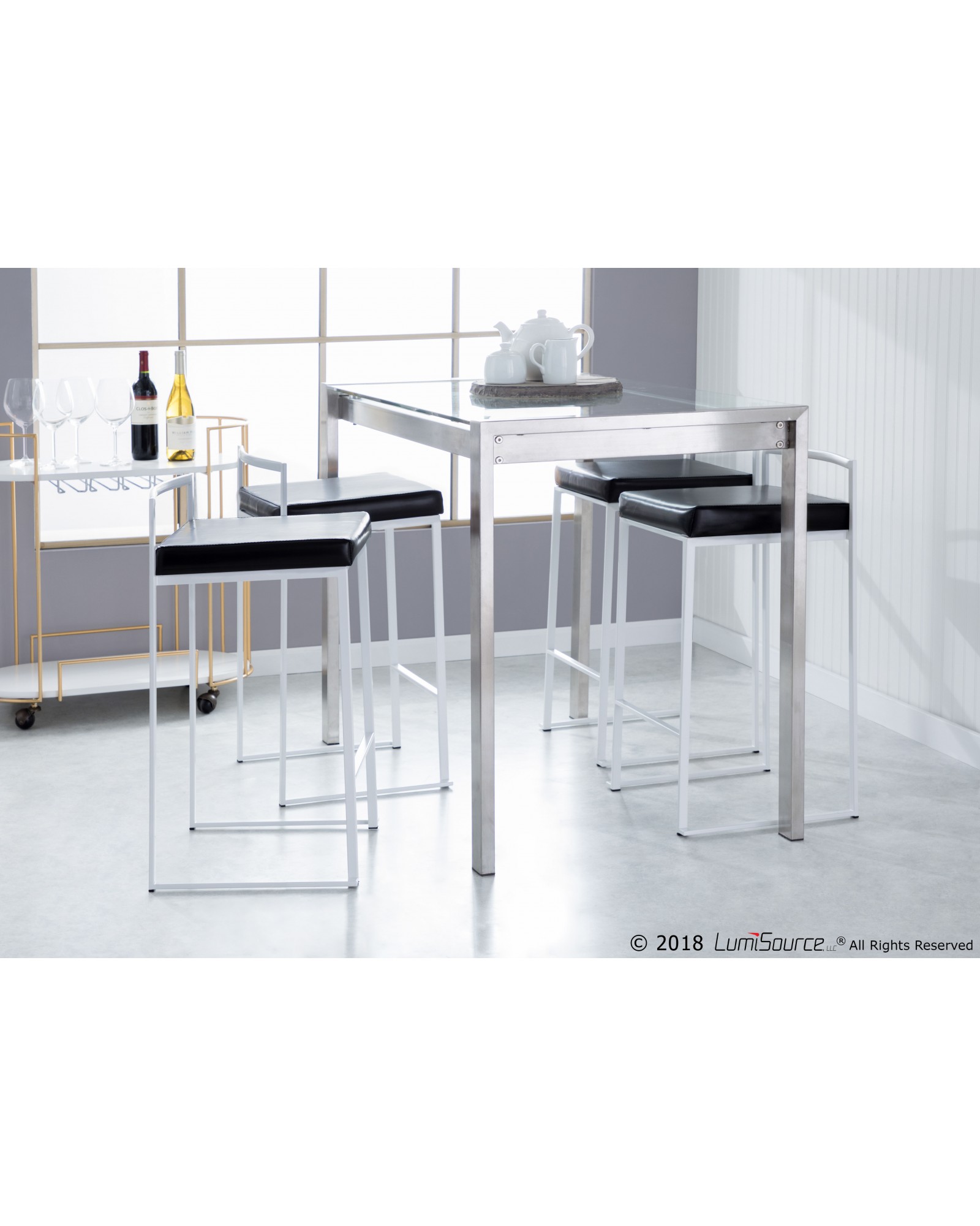 Fuji Contemporary Stackable Counter Stool in White with Black Faux Leather Cushion - Set of 2