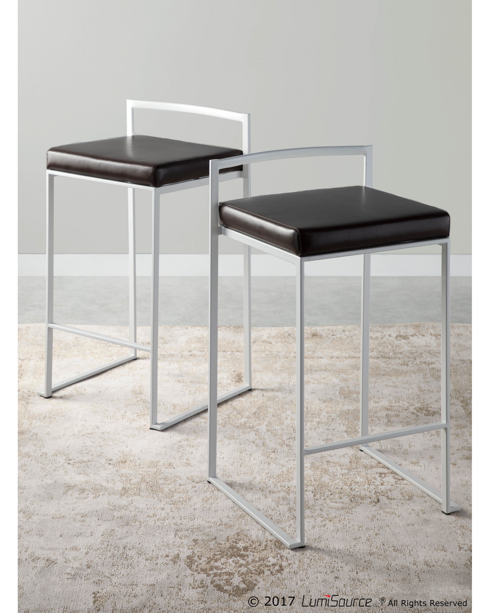 Fuji Contemporary Stackable Counter Stool in White with Brown Faux Leather Cushion - Set of 2