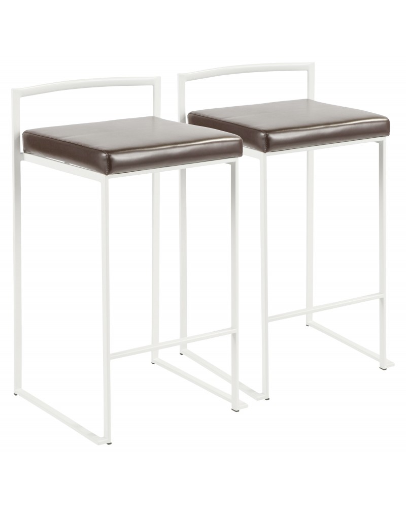 Fuji Contemporary Stackable Counter Stool in White with Brown Faux Leather Cushion - Set of 2