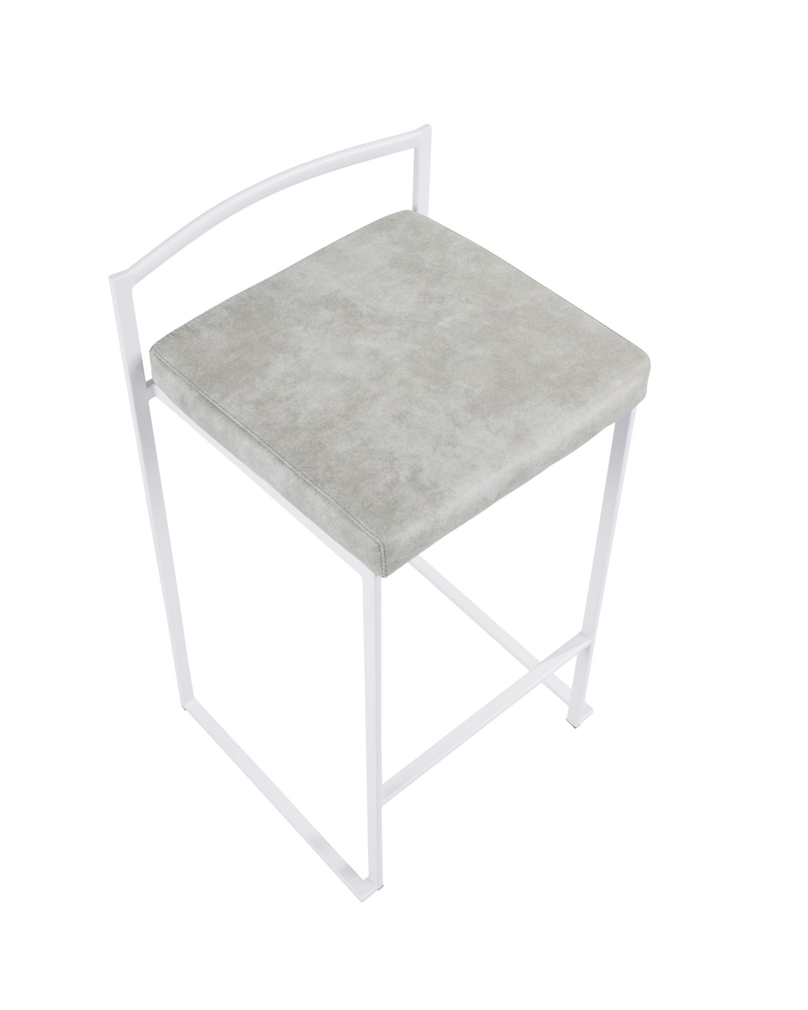 Fuji Contemporary Stackable Counter Stool in White with Light Grey Cowboy Fabric Cushion - Set of 2
