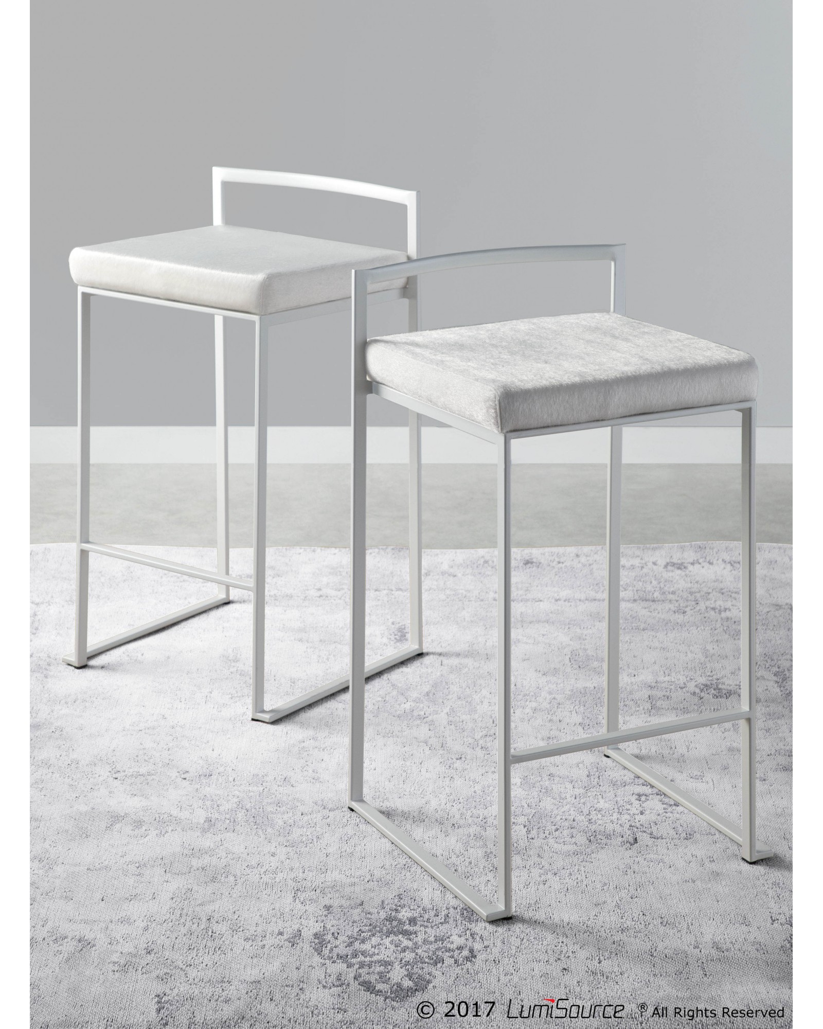 Fuji Contemporary Stackable Counter Stool in White with White Mohair Cushion - Set of 2