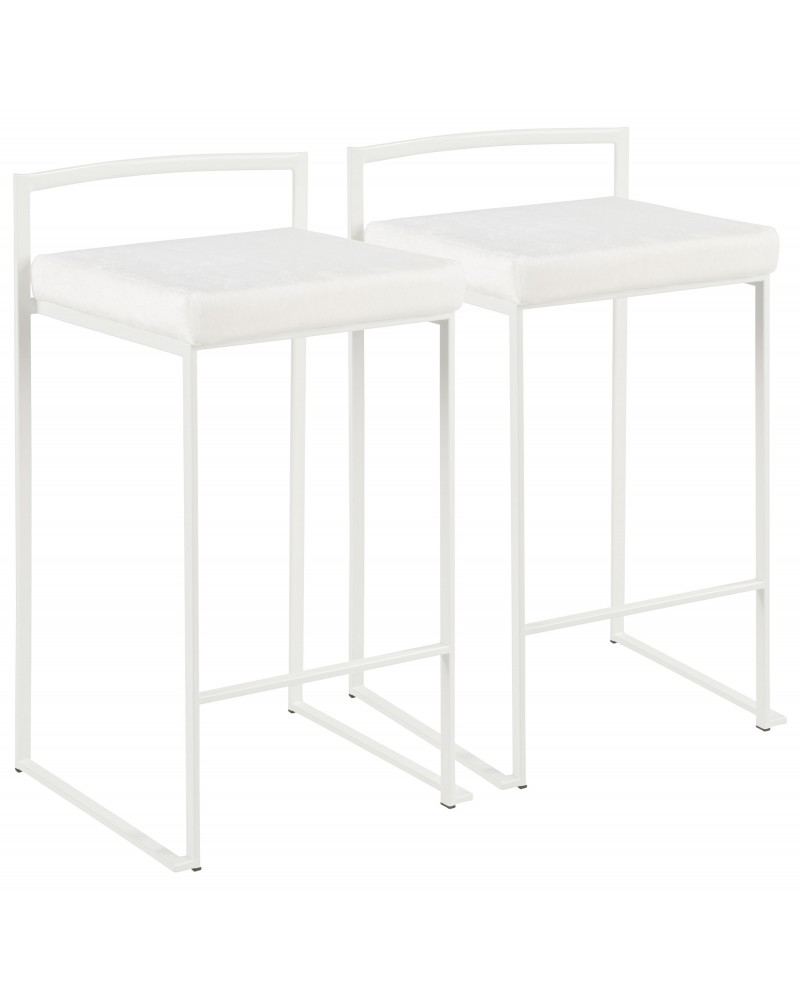 Fuji Contemporary Stackable Counter Stool in White with White Mohair Cushion - Set of 2