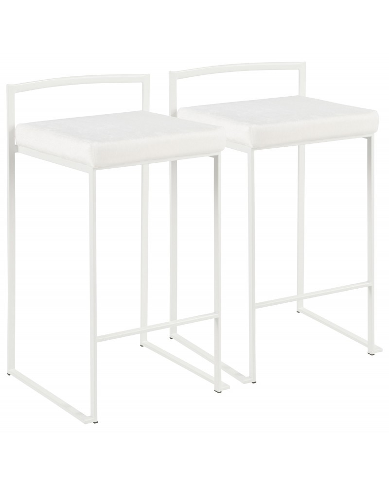 Fuji Contemporary Stackable Counter Stool in White with White Mohair Cushion - Set of 2