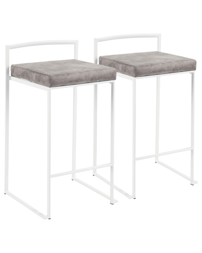 Fuji Contemporary Stackable Counter Stool in White with Stone Cowboy Fabric Cushion - Set of 2