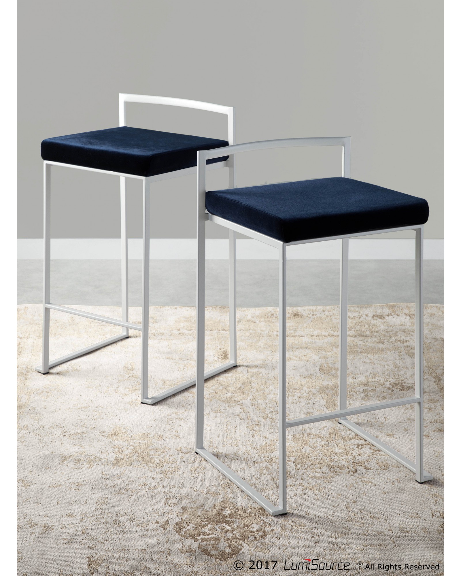 Fuji Contemporary Stackable Counter Stool in White with Blue Velvet Cushion - Set of 2