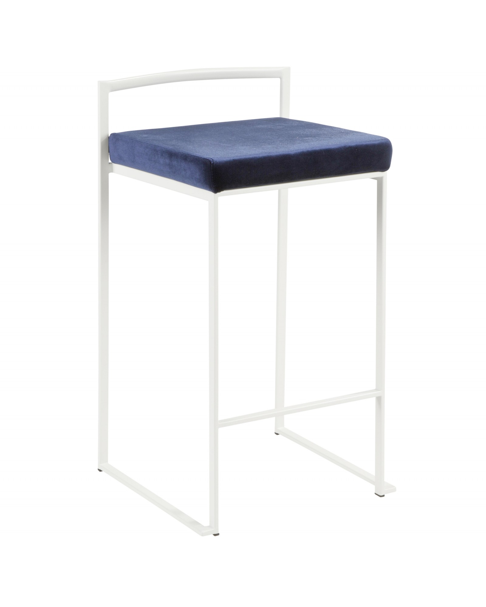 Fuji Contemporary Stackable Counter Stool in White with Blue Velvet Cushion - Set of 2